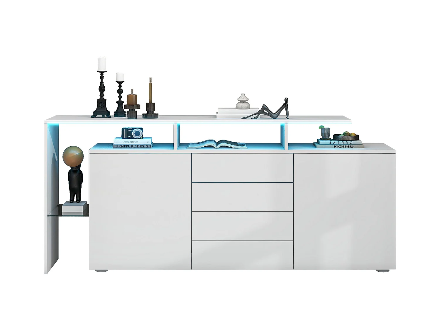 Buffet avec 2 portes, 4 tiroirs et étagères - 160 x 35 x 70 cm - LEDs - Panneaux de particules - Blanc