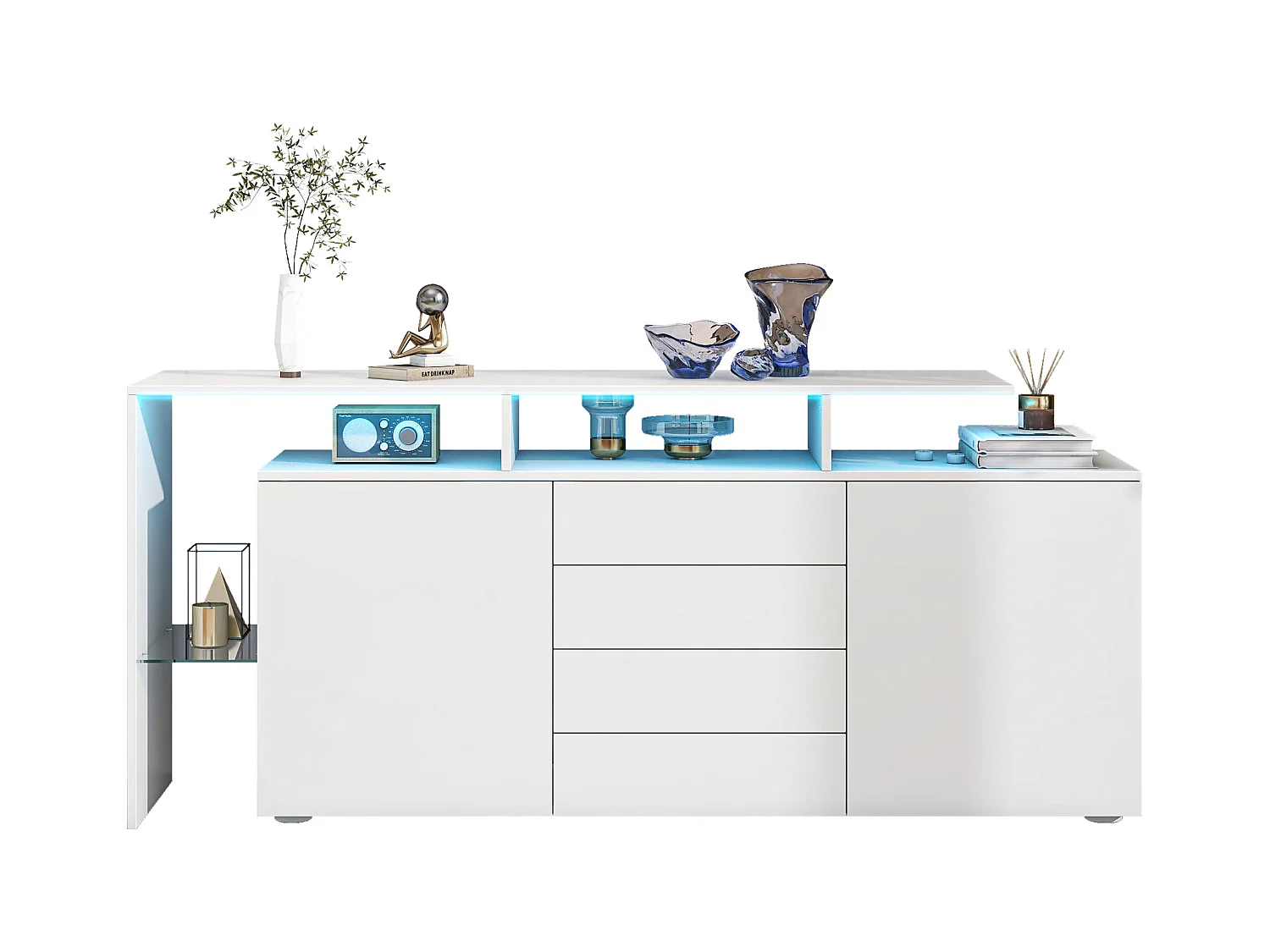 Buffet avec 2 portes, 4 tiroirs et étagères - 160 x 35 x 70 cm - LEDs - Panneaux de particules - Blanc