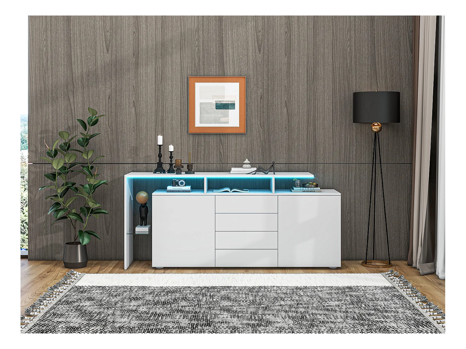 Buffet avec 2 portes, 4 tiroirs et étagères - 160 x 35 x 70 cm - LEDs - Panneaux de particules - Blanc