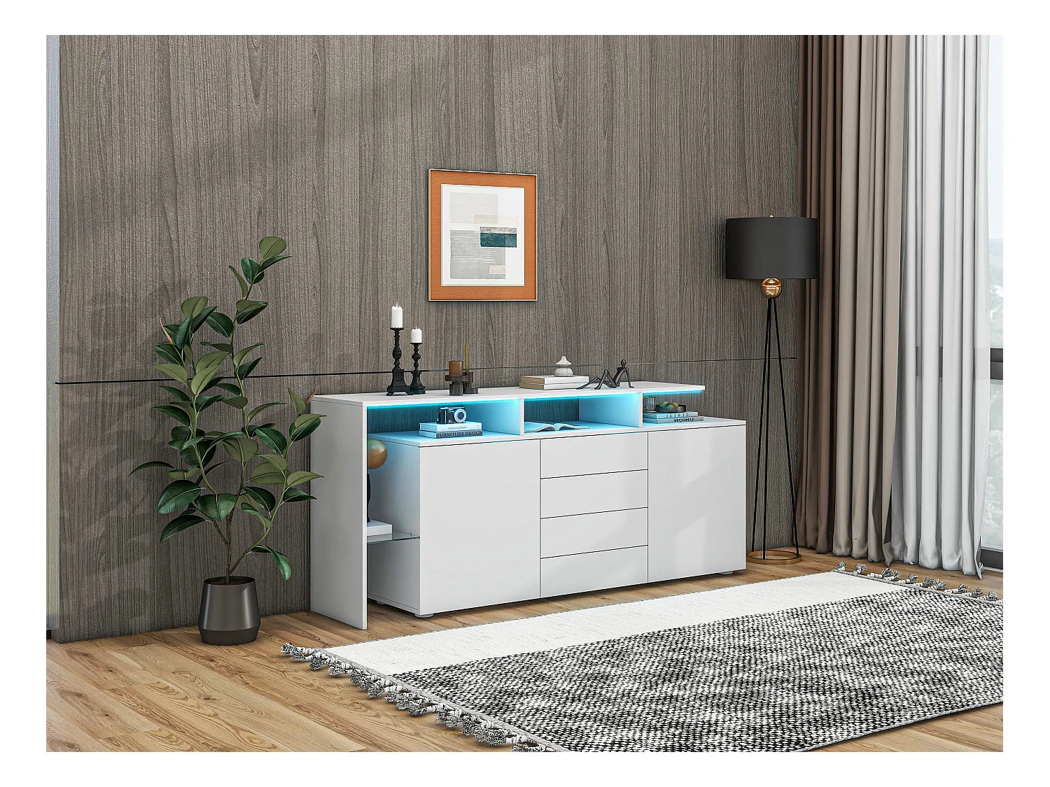 Buffet avec 2 portes, 4 tiroirs et étagères - 160 x 35 x 70 cm - LEDs - Panneaux de particules - Blanc