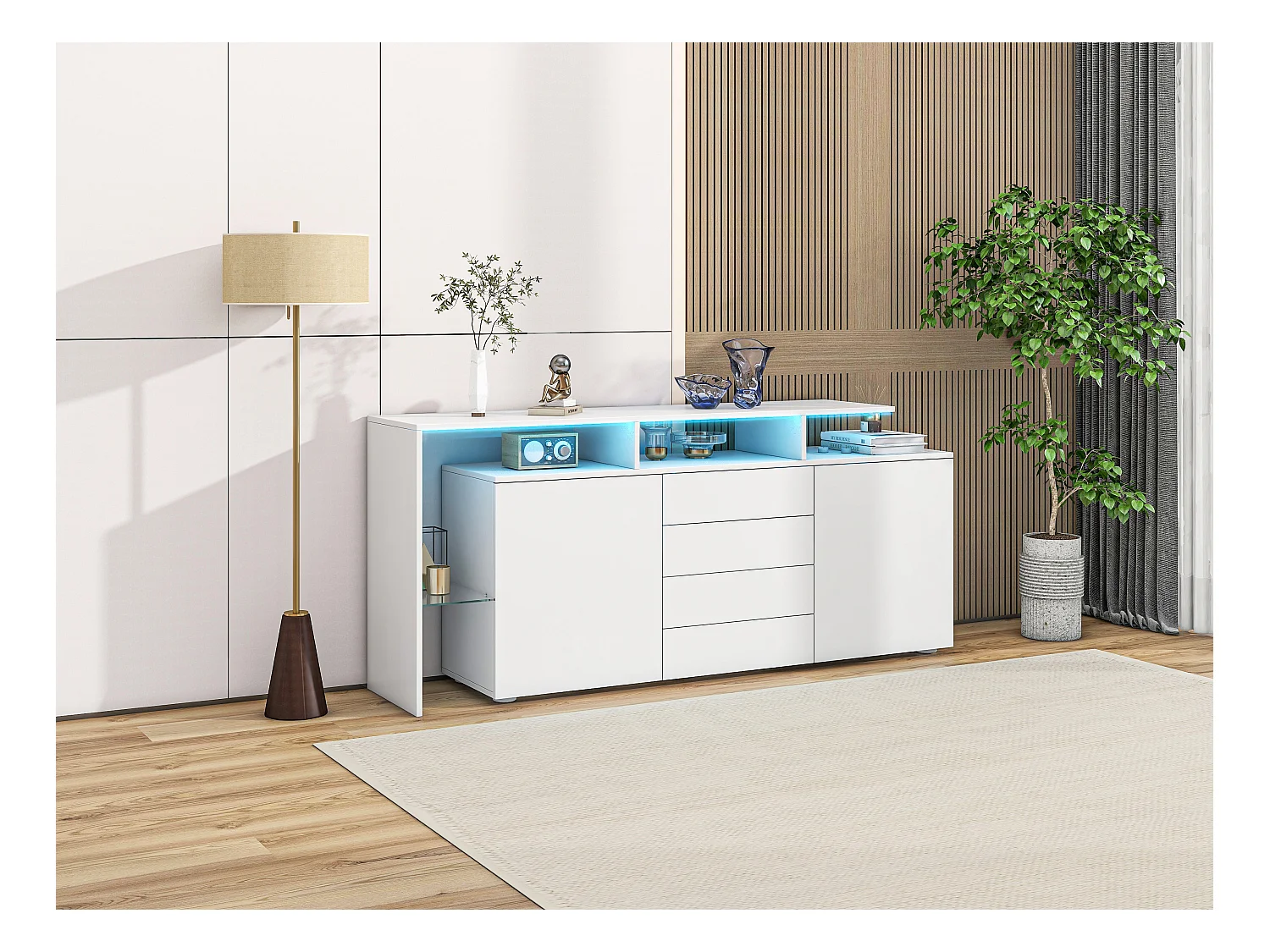 Buffet avec 2 portes, 4 tiroirs et étagères - 160 x 35 x 70 cm - LEDs - Panneaux de particules - Blanc