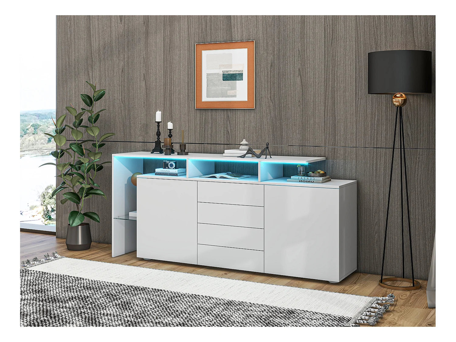 Buffet avec 2 portes, 4 tiroirs et étagères - 160 x 35 x 70 cm - LEDs - Panneaux de particules - Blanc