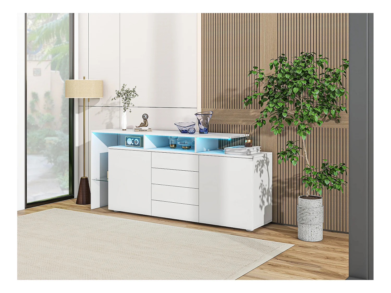 Buffet avec 2 portes, 4 tiroirs et étagères - 160 x 35 x 70 cm - LEDs - Panneaux de particules - Blanc