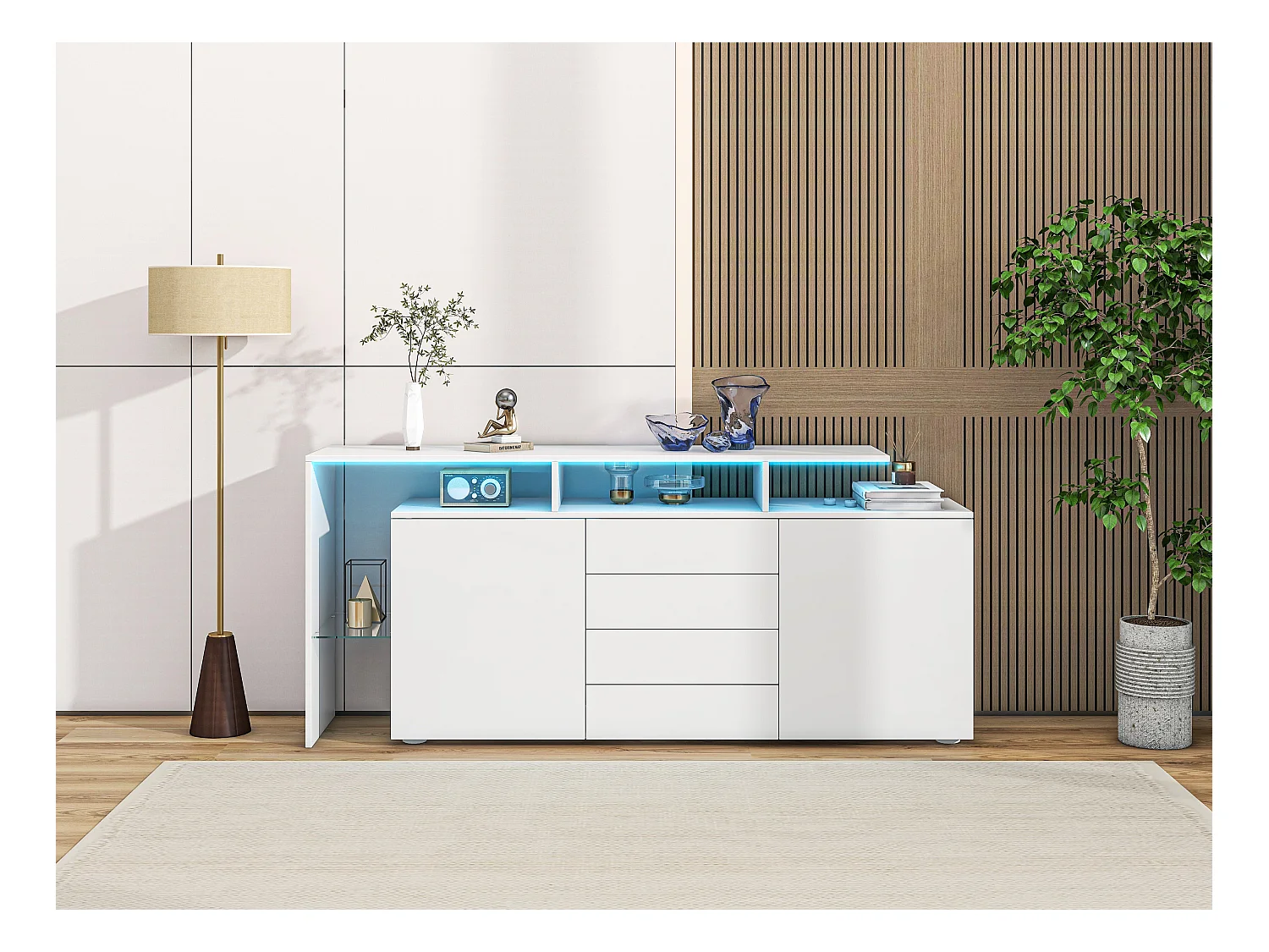 Buffet avec 2 portes, 4 tiroirs et étagères - 160 x 35 x 70 cm - LEDs - Panneaux de particules - Blanc