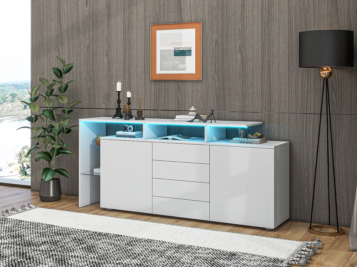 Buffet avec 2 portes, 4 tiroirs et étagères - 160 x 35 x 70 cm - LEDs - Panneaux de particules - Blanc