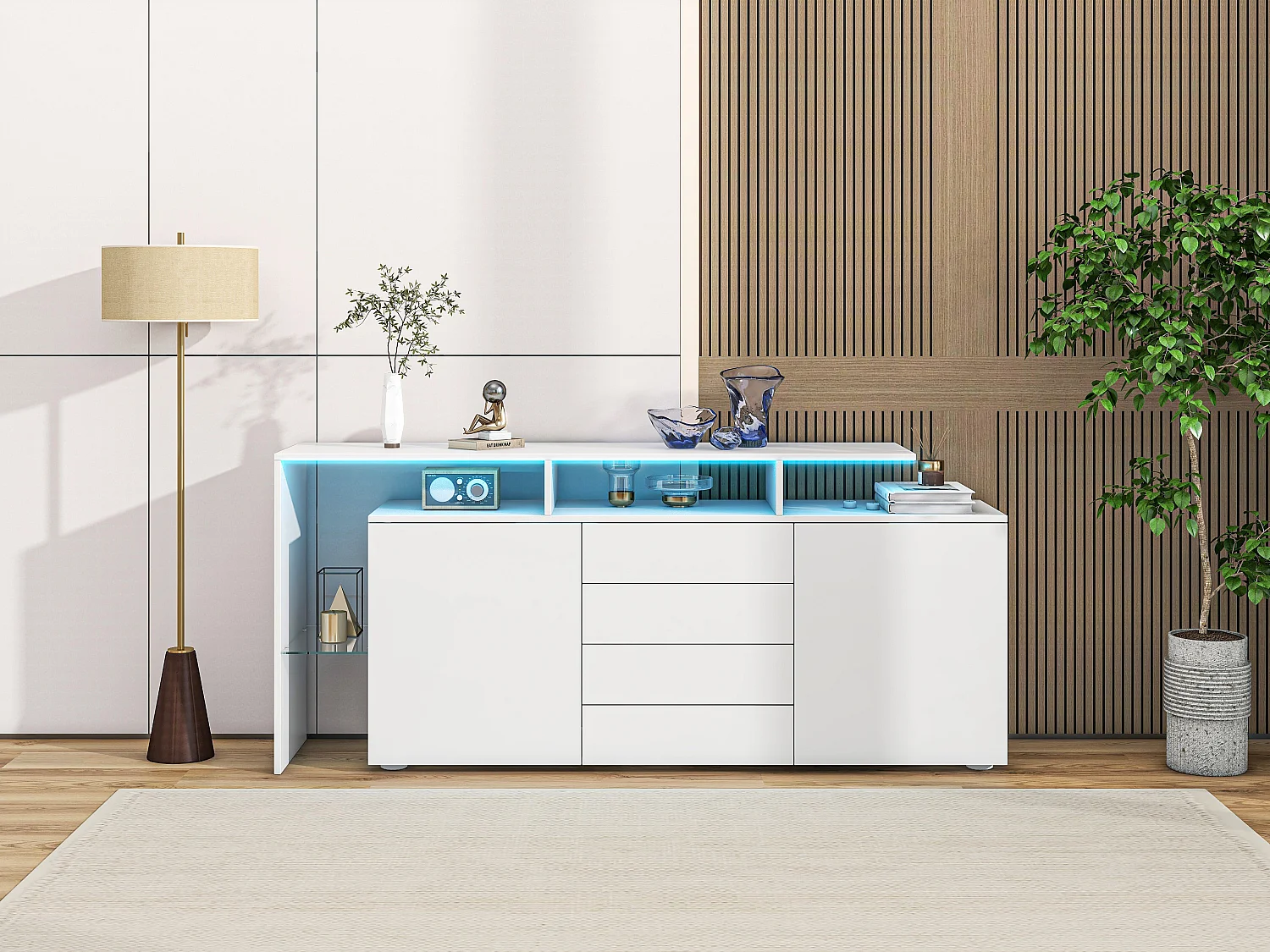 Buffet avec 2 portes, 4 tiroirs et étagères - 160 x 35 x 70 cm - LEDs - Panneaux de particules - Blanc