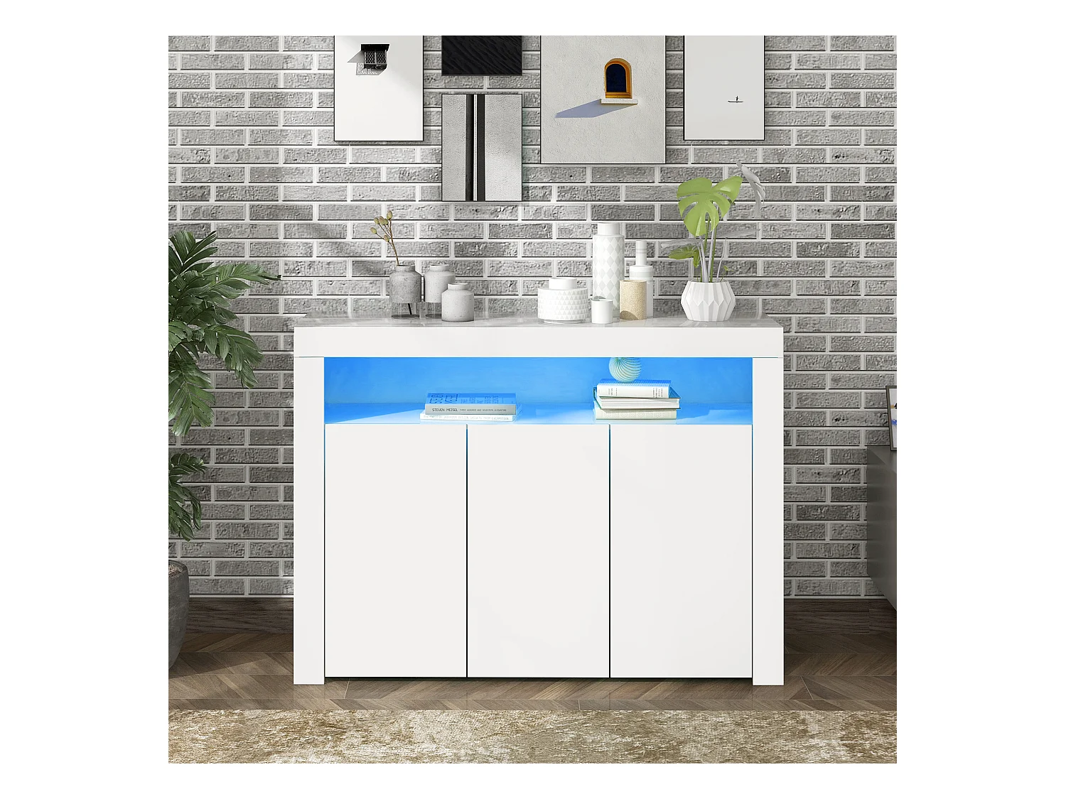 Buffet avec 3 portes et étagère - 130 x 35 x 95 cm - LEDs - Panneaux de particules - Blanc