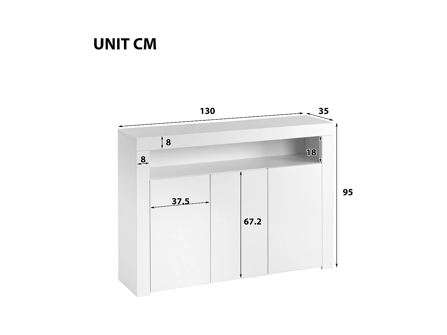 Buffet avec 3 portes et étagère - 130 x 35 x 95 cm - LEDs - Panneaux de particules - Blanc