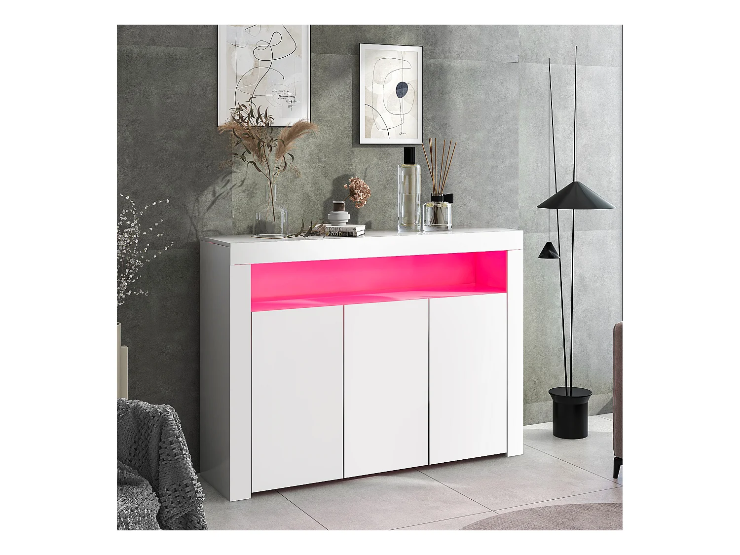 Buffet avec 3 portes et étagère - 130 x 35 x 95 cm - LEDs - Panneaux de particules - Blanc