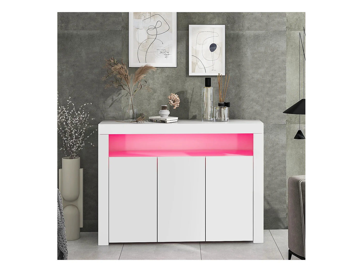 Buffet avec 3 portes et étagère - 130 x 35 x 95 cm - LEDs - Panneaux de particules - Blanc