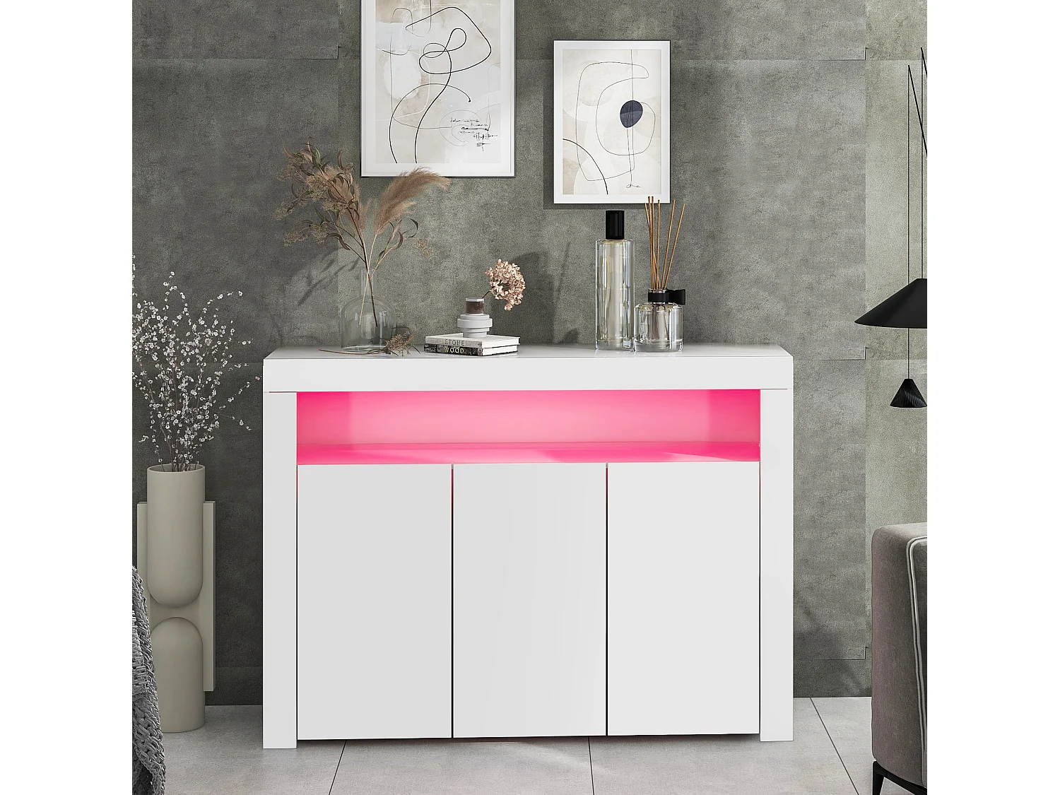Buffet avec 3 portes et étagère - 130 x 35 x 95 cm - LEDs - Panneaux de particules - Blanc