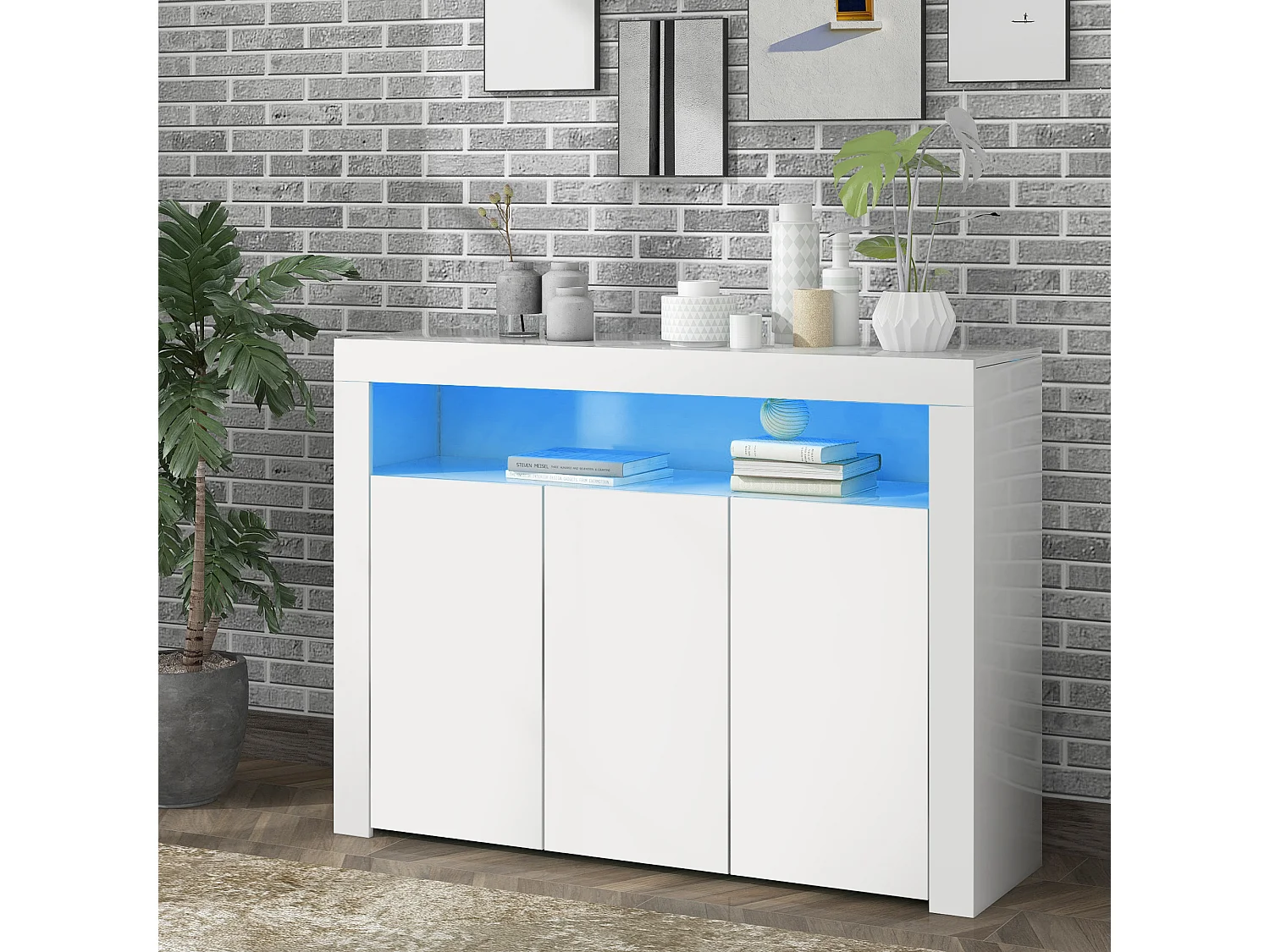 Buffet avec 3 portes et étagère - 130 x 35 x 95 cm - LEDs - Panneaux de particules - Blanc