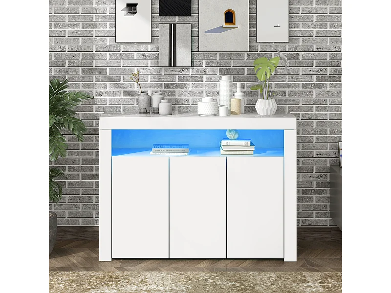 Buffet avec 3 portes et étagère - 130 x 35 x 95 cm - LEDs - Panneaux de particules - Blanc