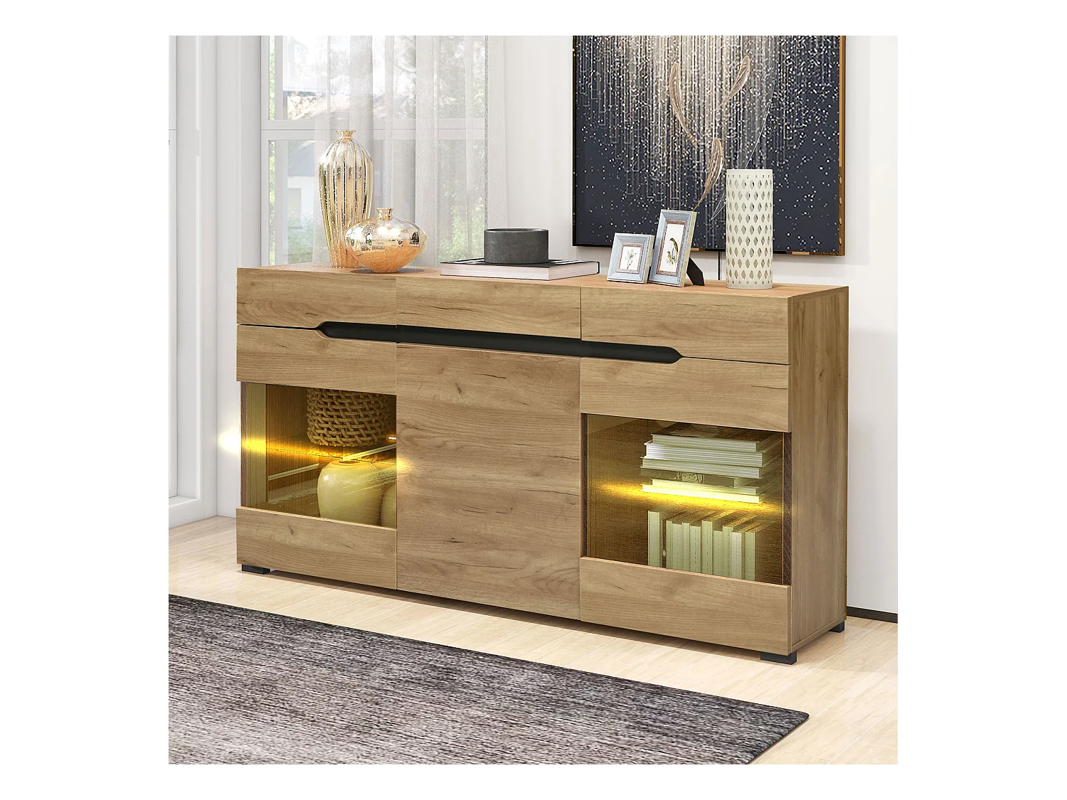 Buffet bas avec 3 portes 3 tiroirs - meuble de salon moderne - LEDs - panneaux de particules - naturel
