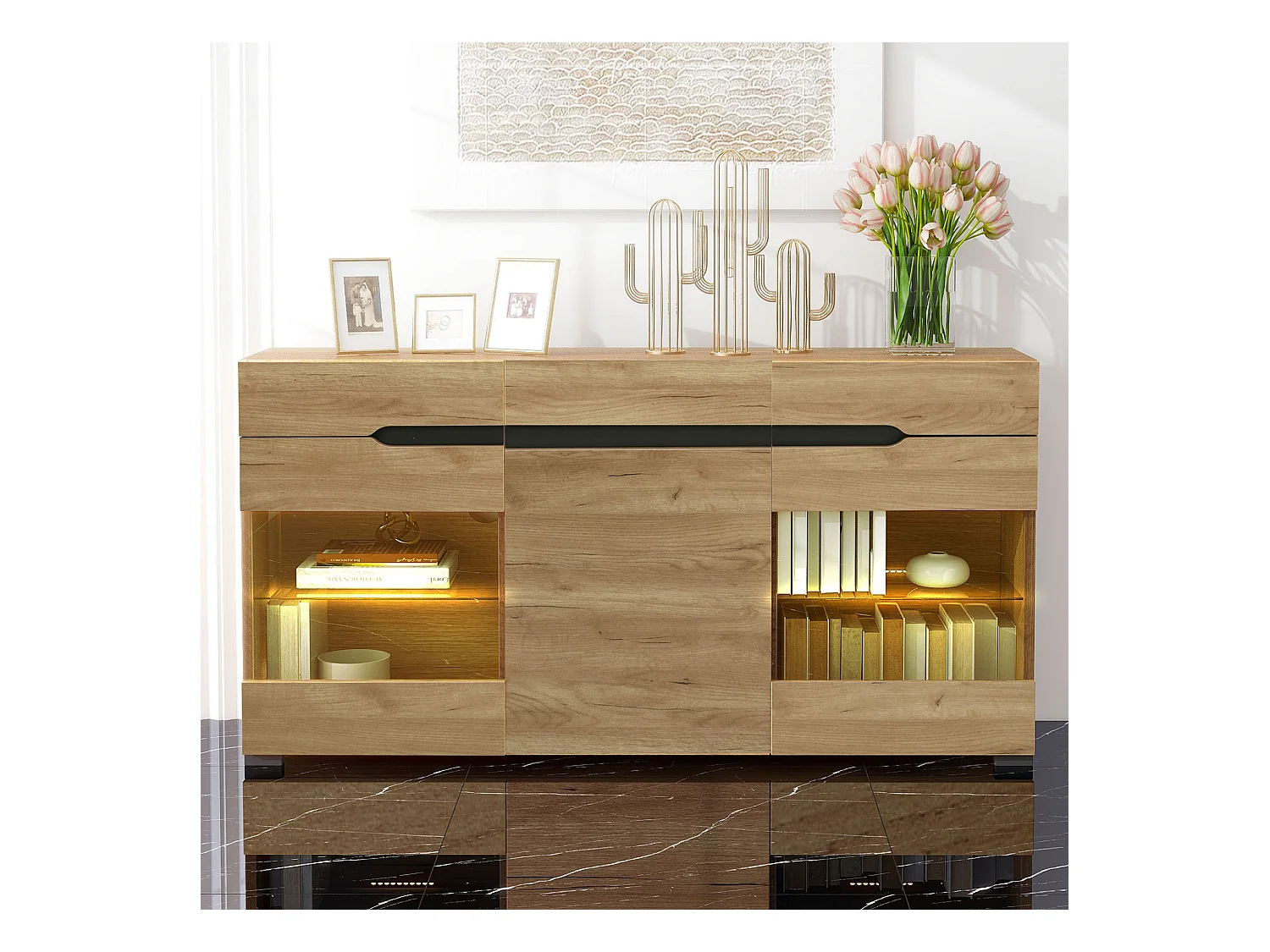 Buffet bas avec 3 portes 3 tiroirs - meuble de salon moderne - LEDs - panneaux de particules - naturel