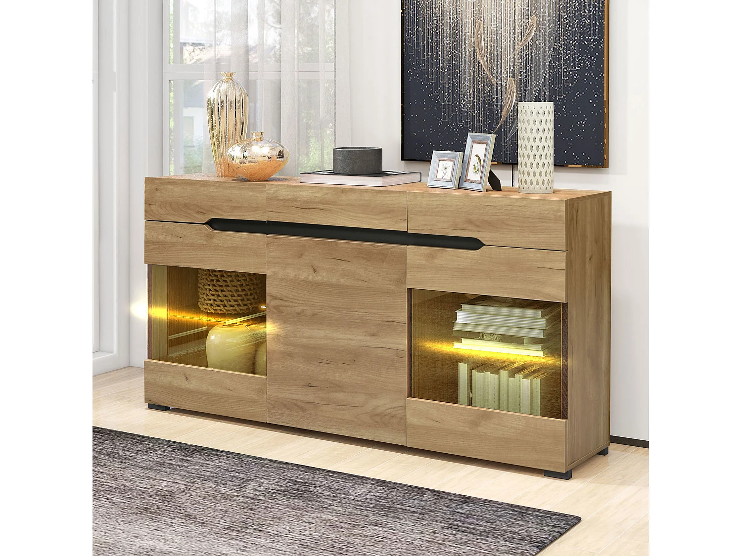 Buffet bas avec 3 portes 3 tiroirs - meuble de salon moderne - LEDs - panneaux de particules - naturel
