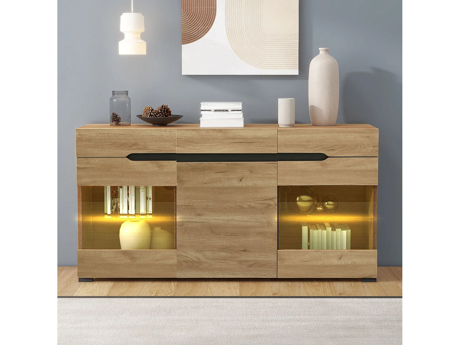 Buffet bas avec 3 portes 3 tiroirs - meuble de salon moderne - LEDs - panneaux de particules - naturel