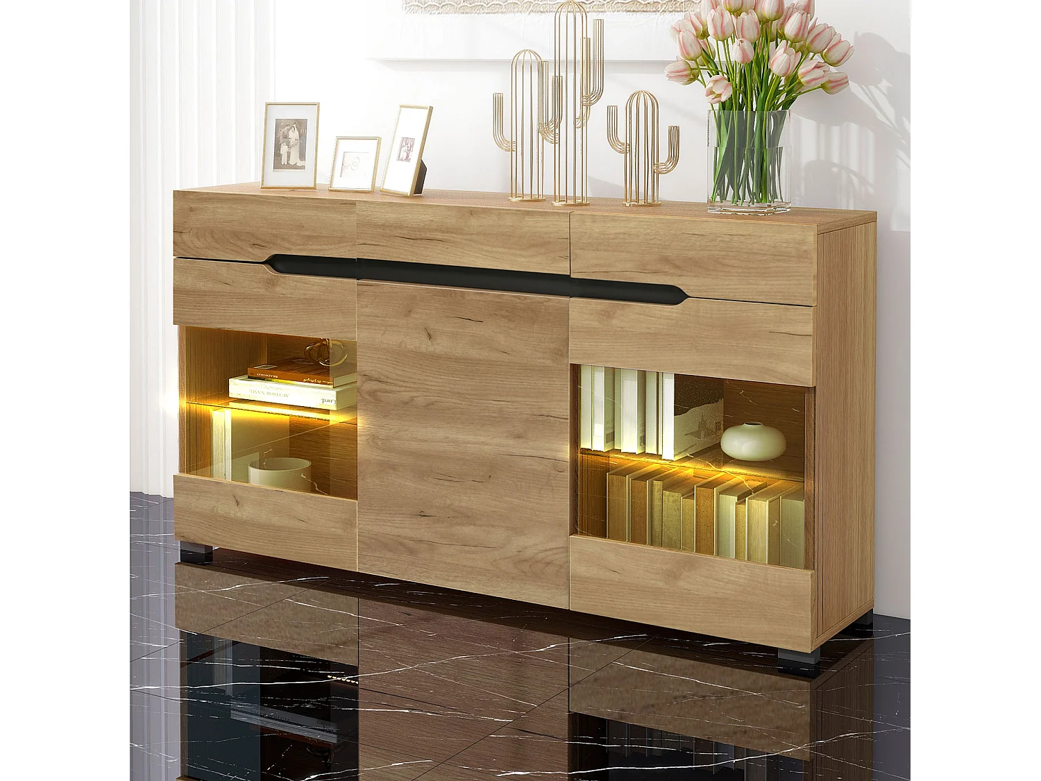Buffet bas avec 3 portes 3 tiroirs - meuble de salon moderne - LEDs - panneaux de particules - naturel