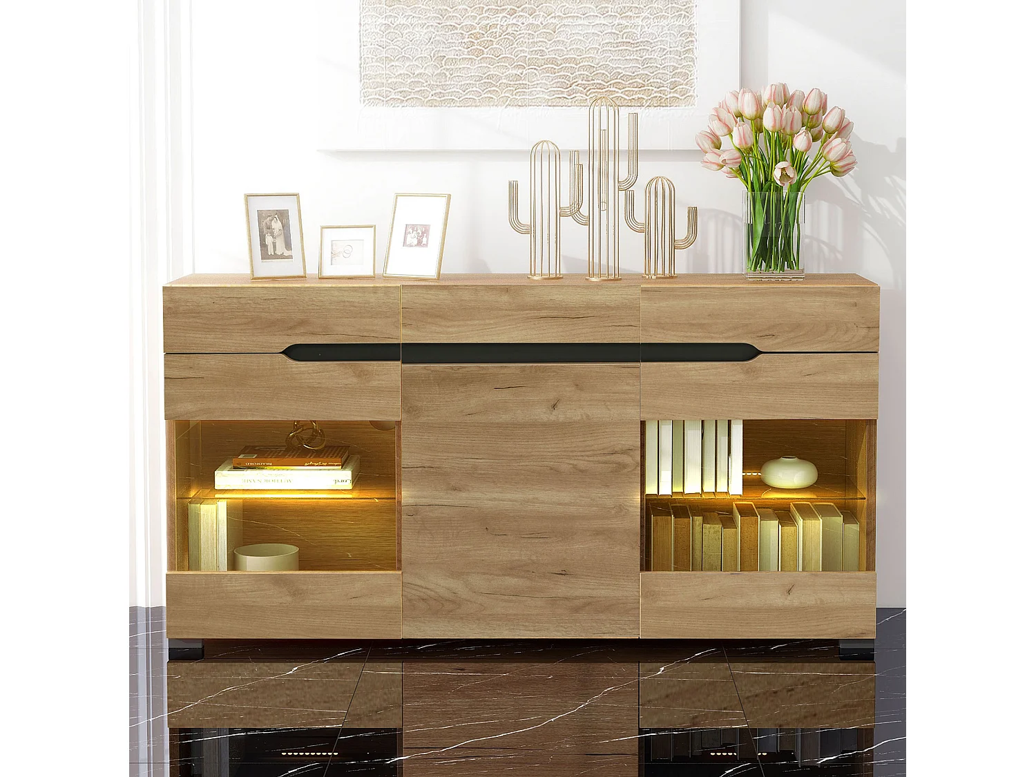 Buffet bas avec 3 portes 3 tiroirs - meuble de salon moderne - LEDs - panneaux de particules - naturel