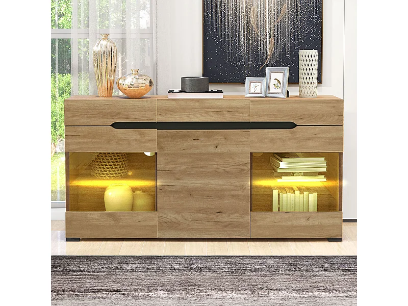 Buffet bas avec 3 portes 3 tiroirs - meuble de salon moderne - LEDs - panneaux de particules - naturel
