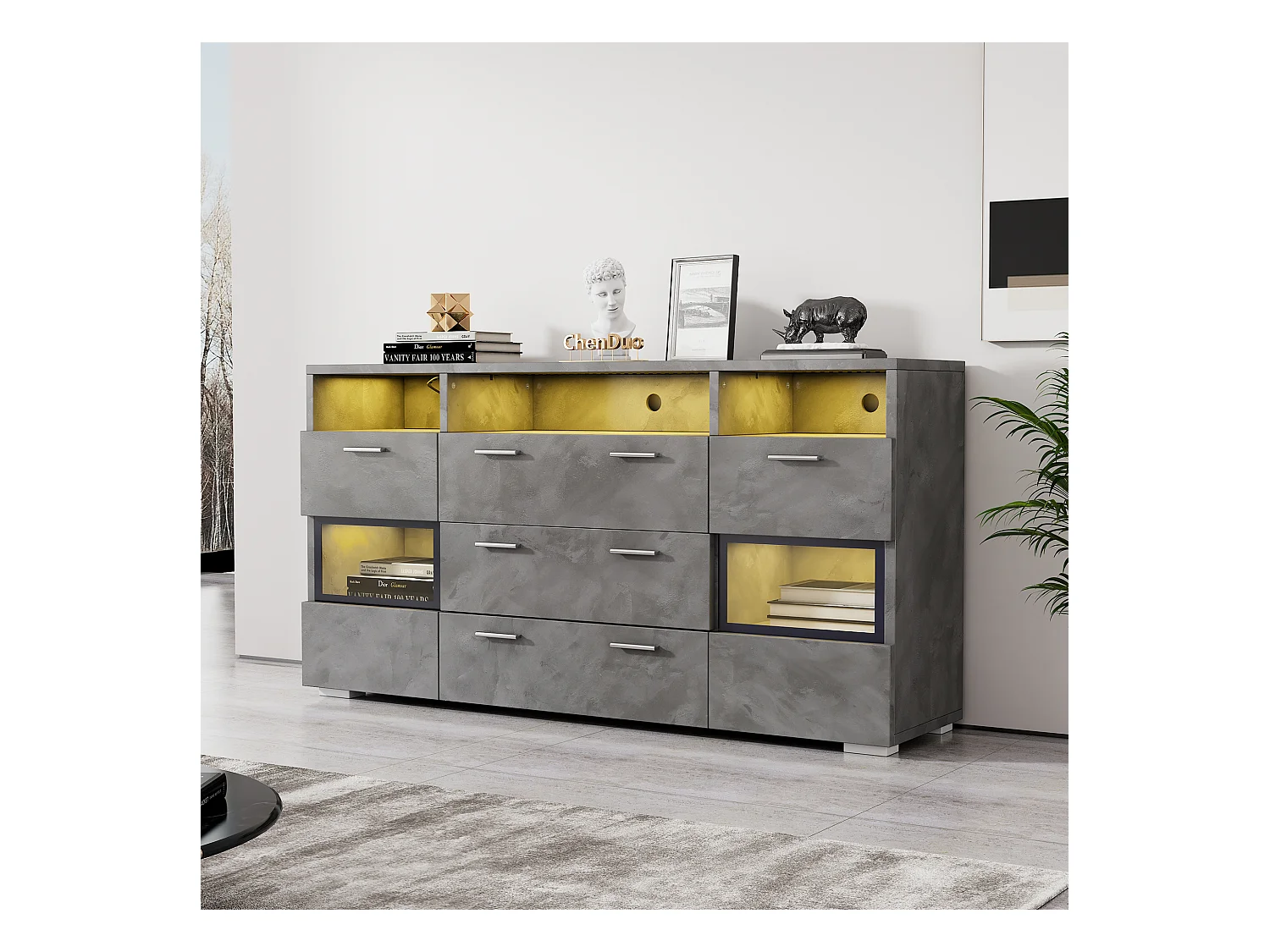 Buffet moderne de rangement - 140 x 33.5 x 72.5 cm - avec Leds + 2 portes + 3 tiroirs - aggloméré - gris