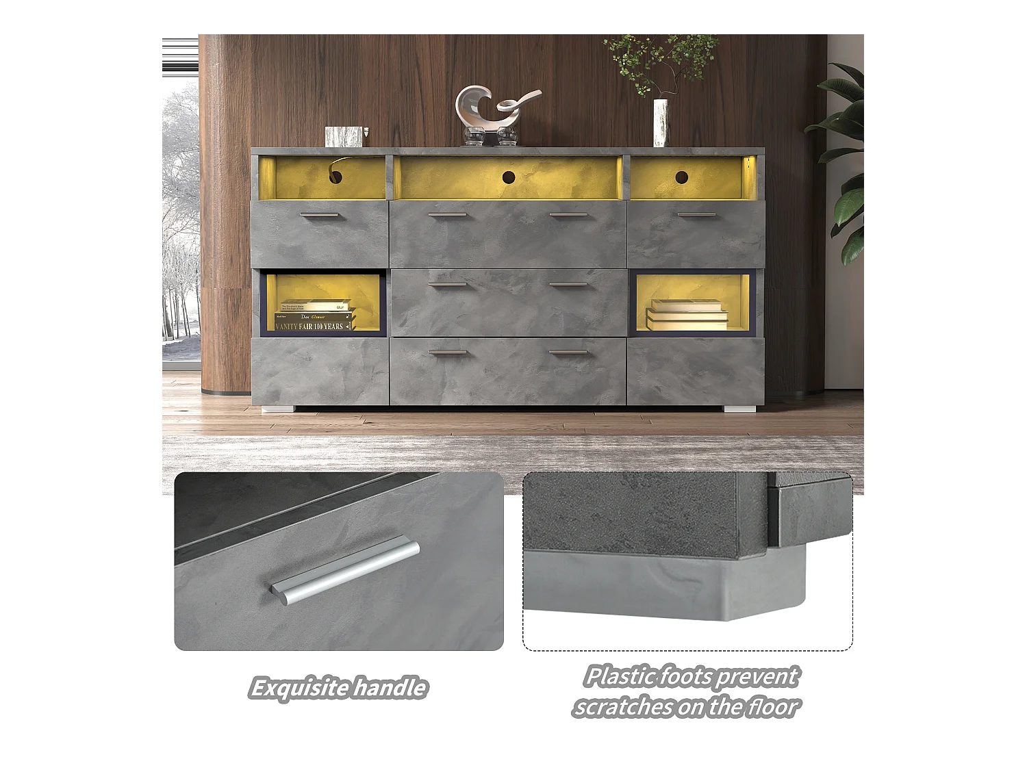 Buffet moderne de rangement - 140 x 33.5 x 72.5 cm - avec Leds + 2 portes + 3 tiroirs - aggloméré - gris