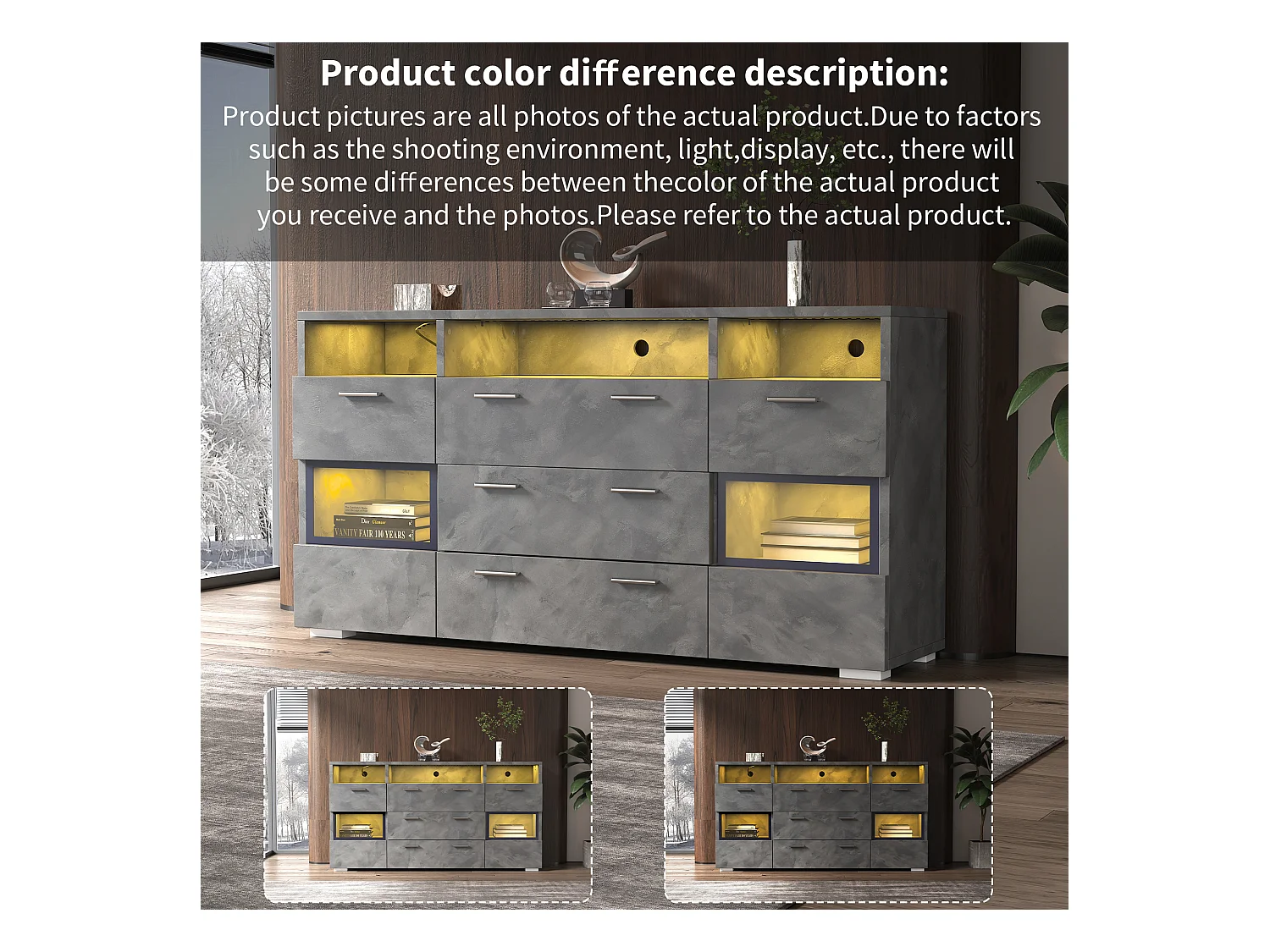 Buffet moderne de rangement - 140 x 33.5 x 72.5 cm - avec Leds + 2 portes + 3 tiroirs - aggloméré - gris