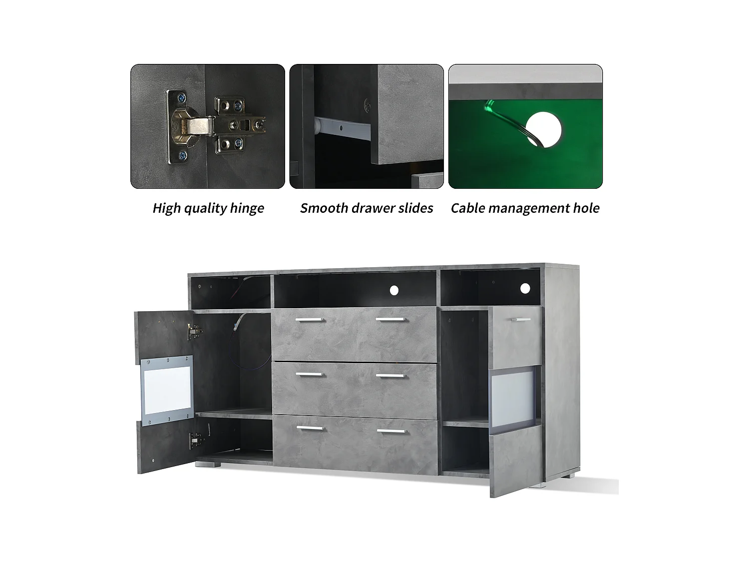 Buffet moderne de rangement - 140 x 33.5 x 72.5 cm - avec Leds + 2 portes + 3 tiroirs - aggloméré - gris