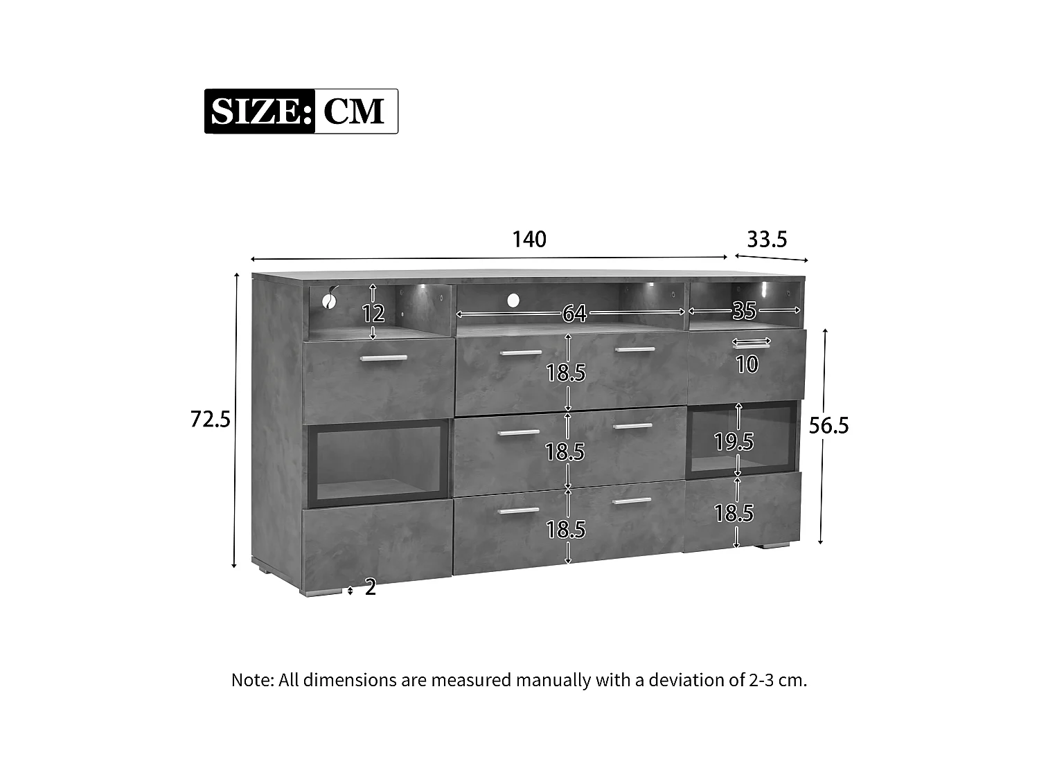 Buffet moderne de rangement - 140 x 33.5 x 72.5 cm - avec Leds + 2 portes + 3 tiroirs - aggloméré - gris