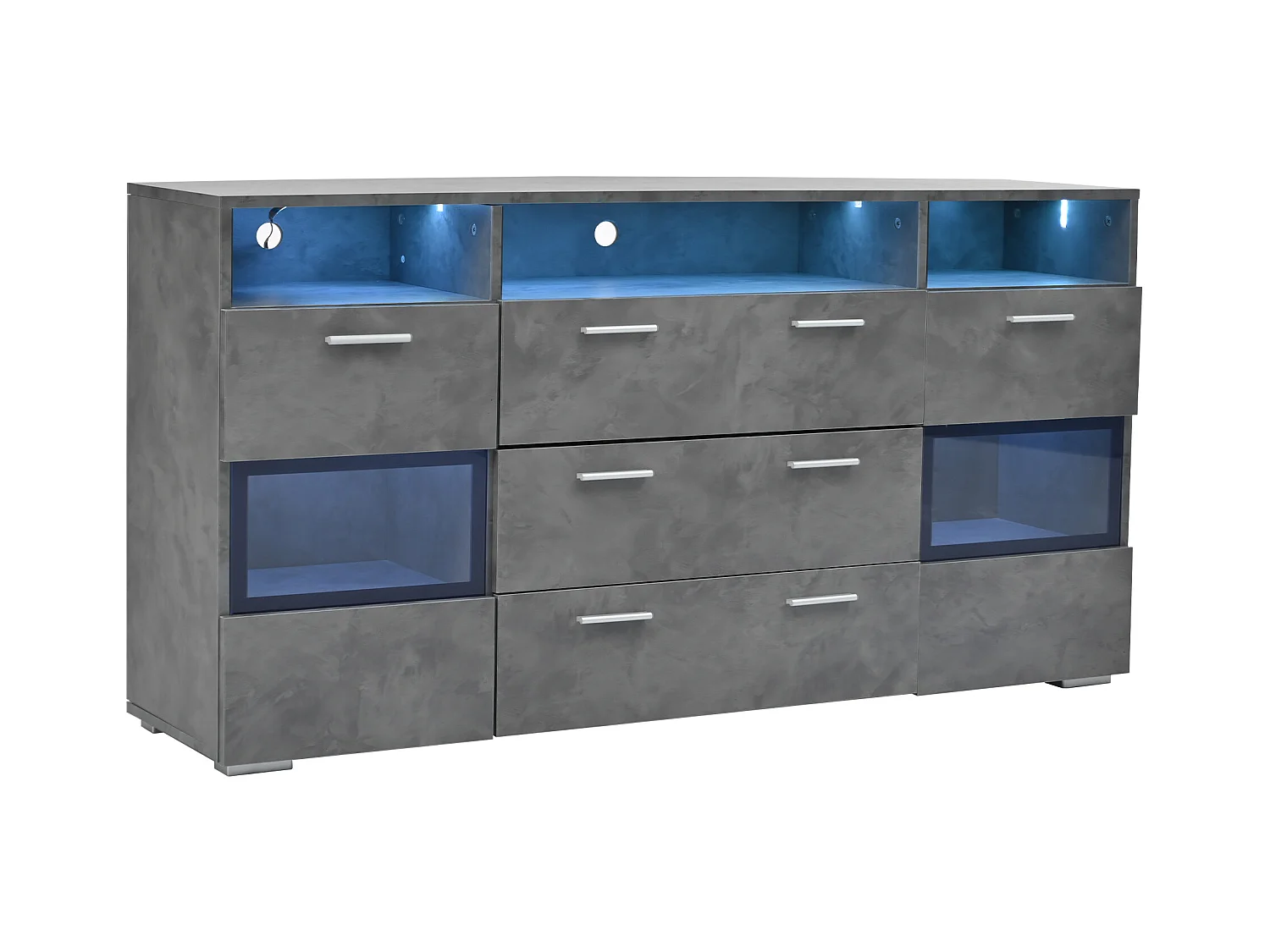 Buffet moderne de rangement - 140 x 33.5 x 72.5 cm - avec Leds + 2 portes + 3 tiroirs - aggloméré - gris