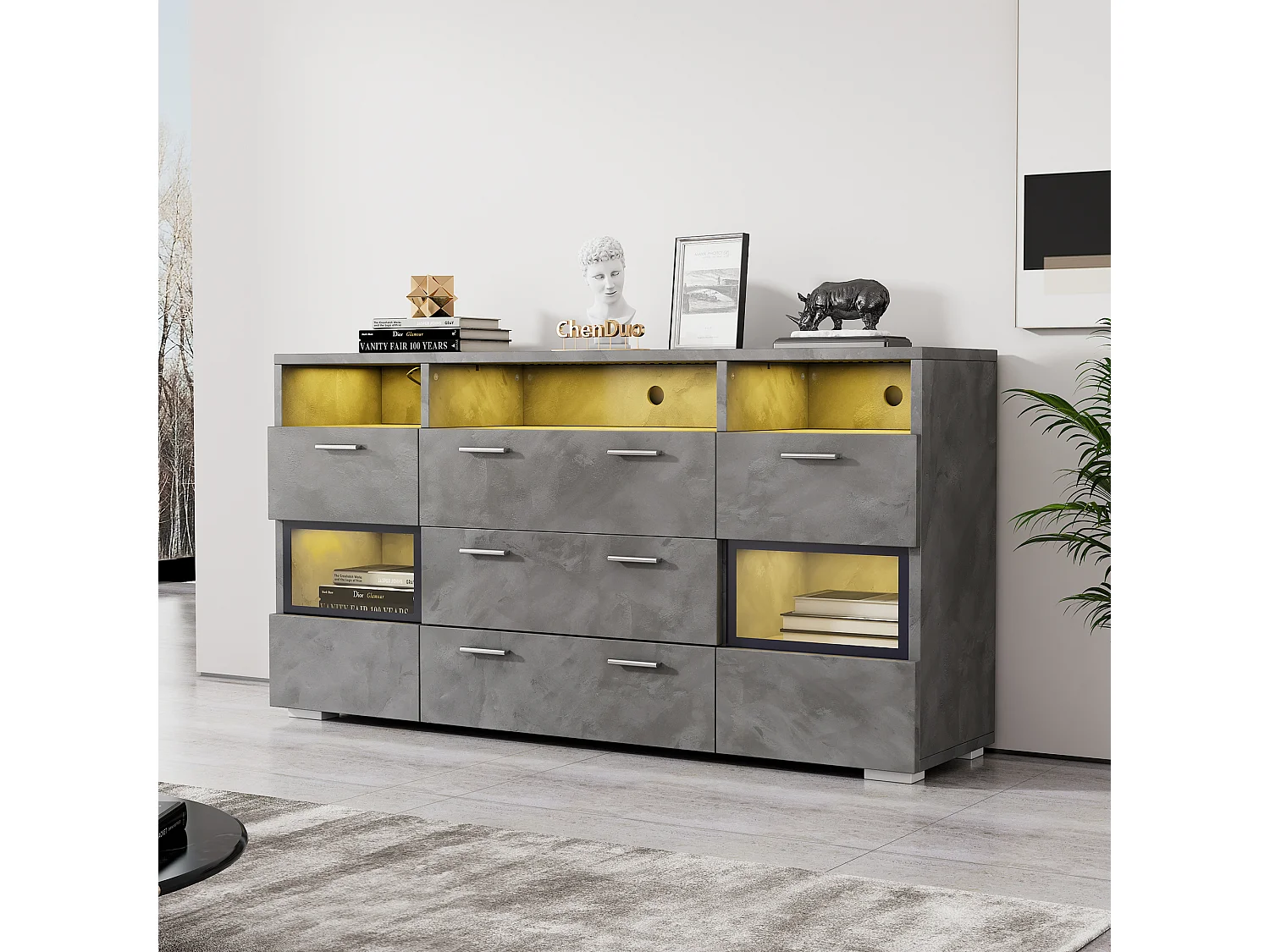 Buffet moderne de rangement - 140 x 33.5 x 72.5 cm - avec Leds + 2 portes + 3 tiroirs - aggloméré - gris