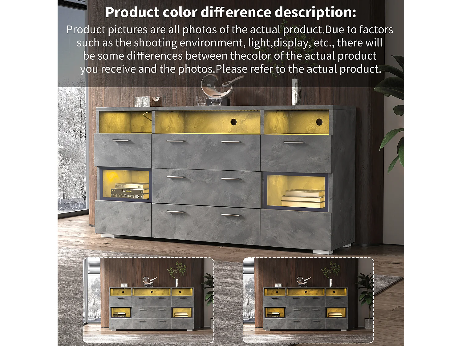 Buffet moderne de rangement - 140 x 33.5 x 72.5 cm - avec Leds + 2 portes + 3 tiroirs - aggloméré - gris