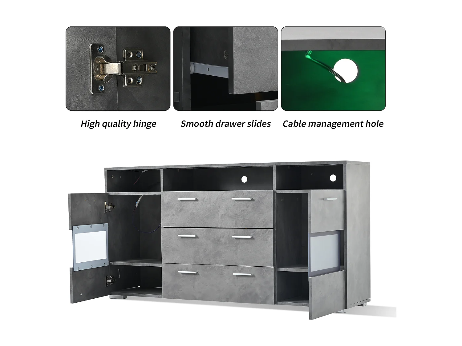 Buffet moderne de rangement - 140 x 33.5 x 72.5 cm - avec Leds + 2 portes + 3 tiroirs - aggloméré - gris