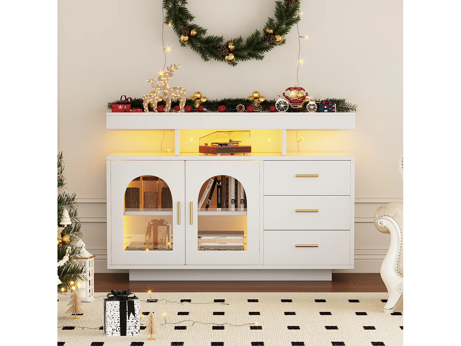 Buffet de salon avec 3 tiroirs et 2 portes - 120 x 40 x 80 cm - LEDs - Panneaux de particules - blanc