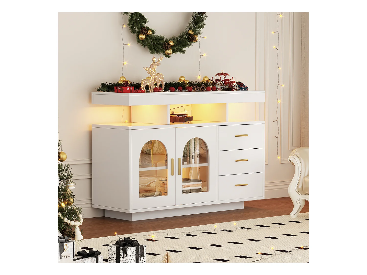 Buffet de salon avec 3 tiroirs et 2 portes - 120 x 40 x 80 cm - LEDs - Panneaux de particules - blanc