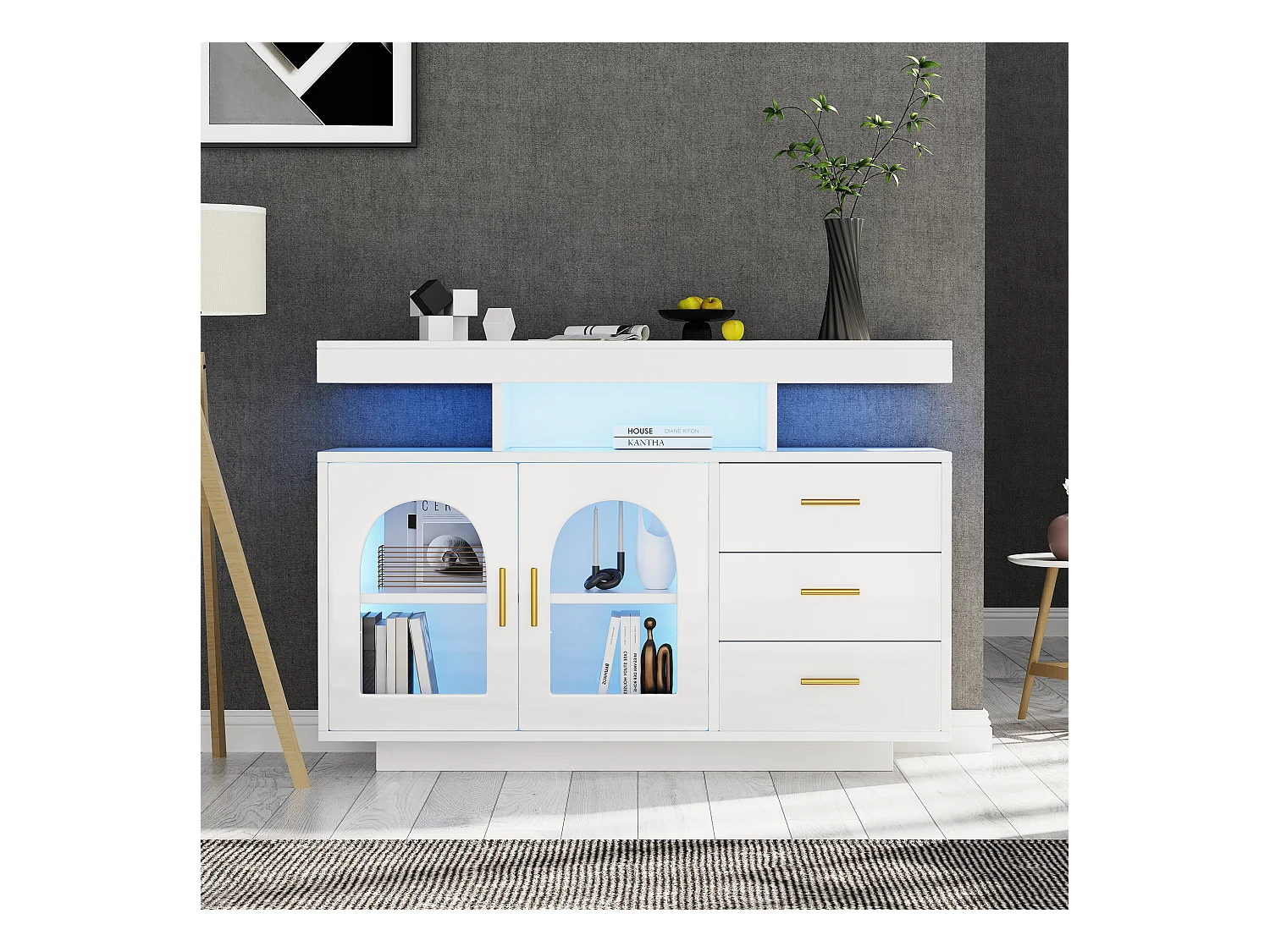 Buffet de salon avec 3 tiroirs et 2 portes - 120 x 40 x 80 cm - LEDs - Panneaux de particules - blanc