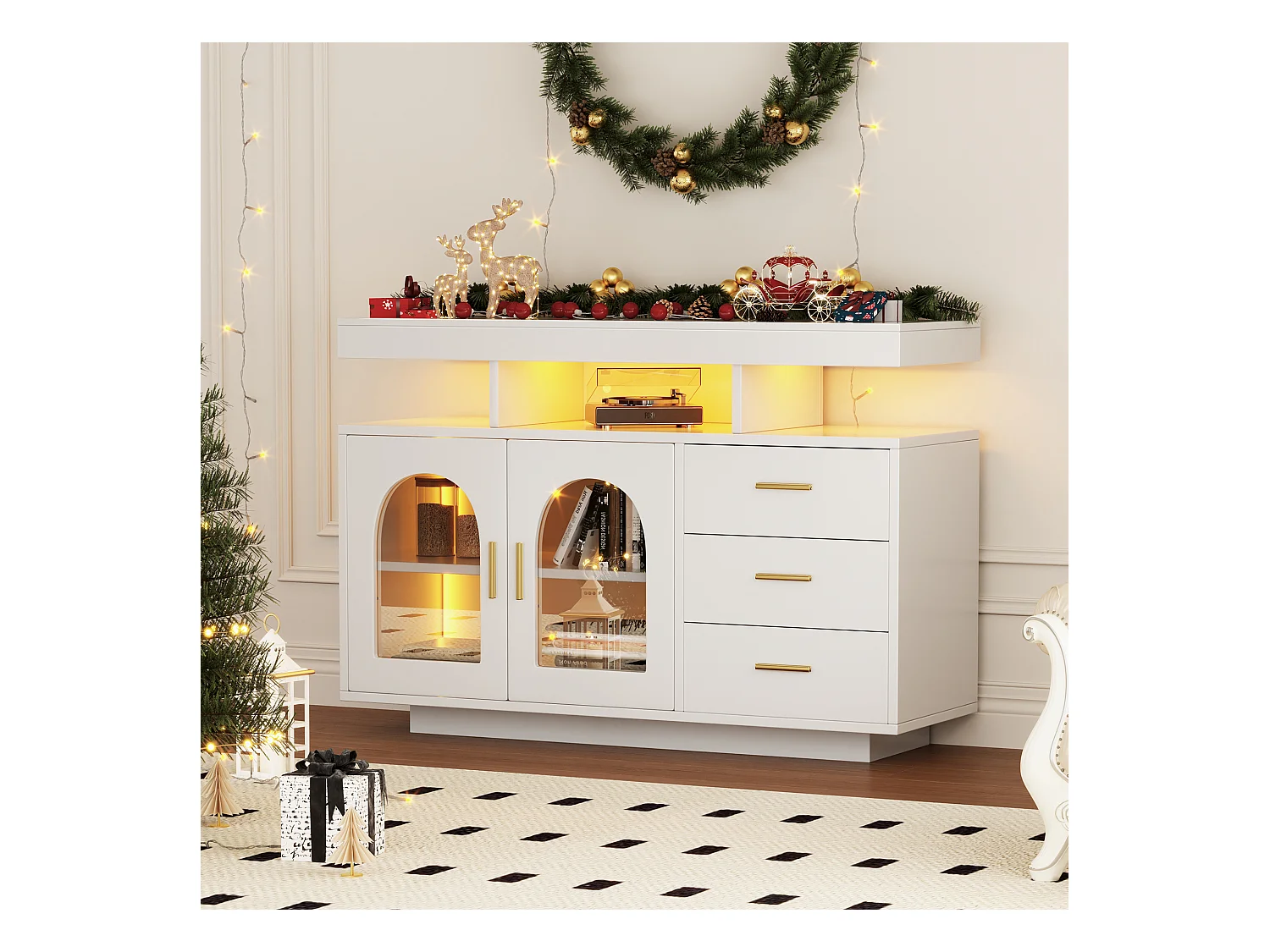 Buffet de salon avec 3 tiroirs et 2 portes - 120 x 40 x 80 cm - LEDs - Panneaux de particules - blanc