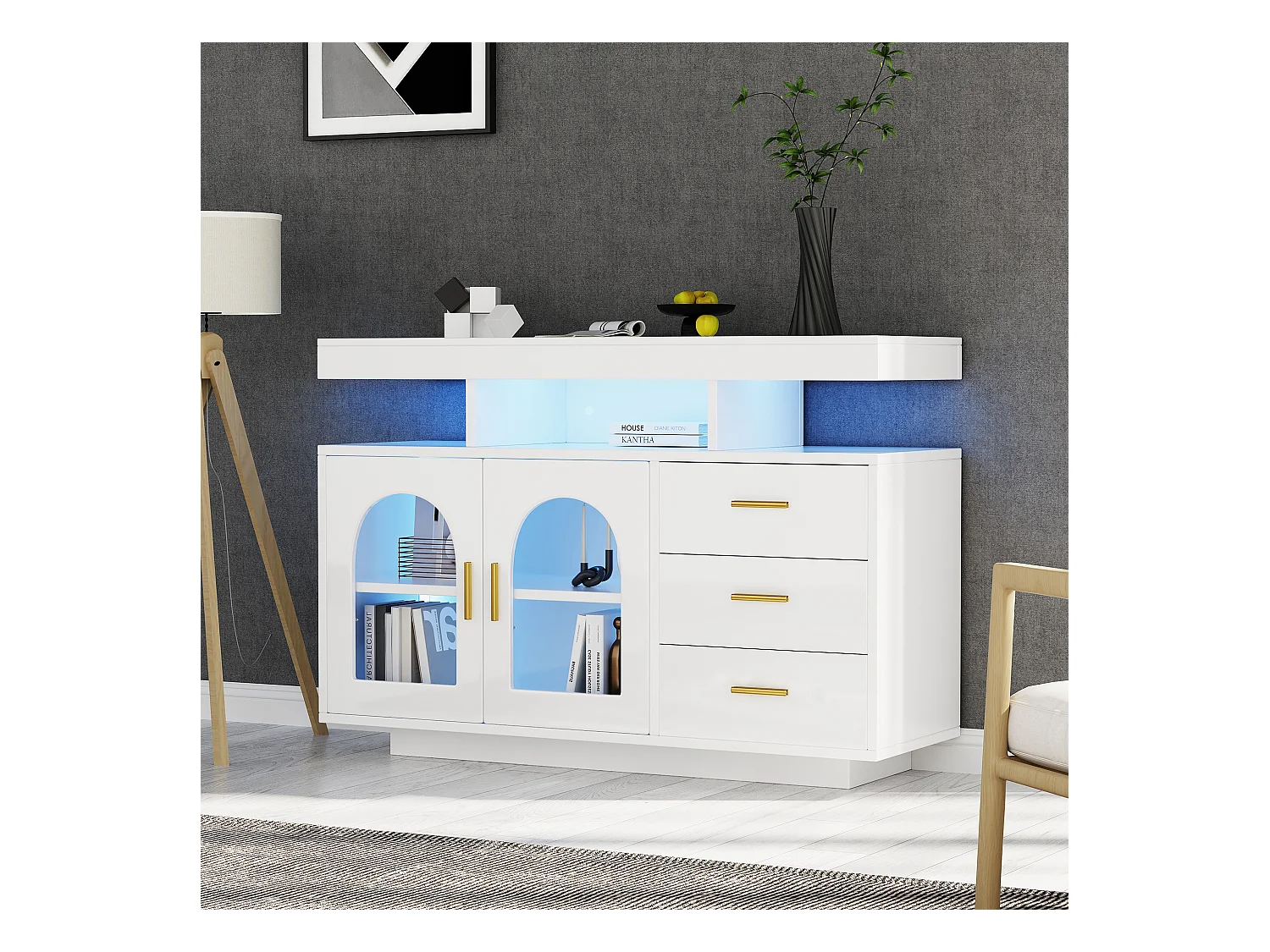 Buffet de salon avec 3 tiroirs et 2 portes - 120 x 40 x 80 cm - LEDs - Panneaux de particules - blanc