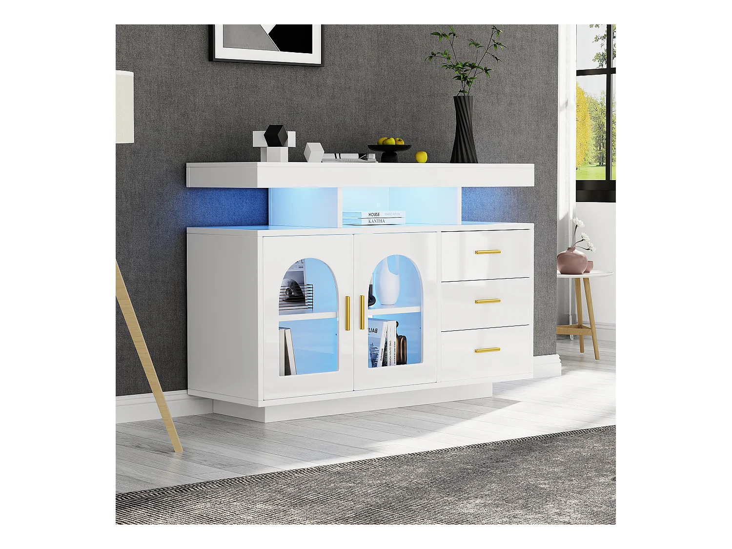 Buffet de salon avec 3 tiroirs et 2 portes - 120 x 40 x 80 cm - LEDs - Panneaux de particules - blanc