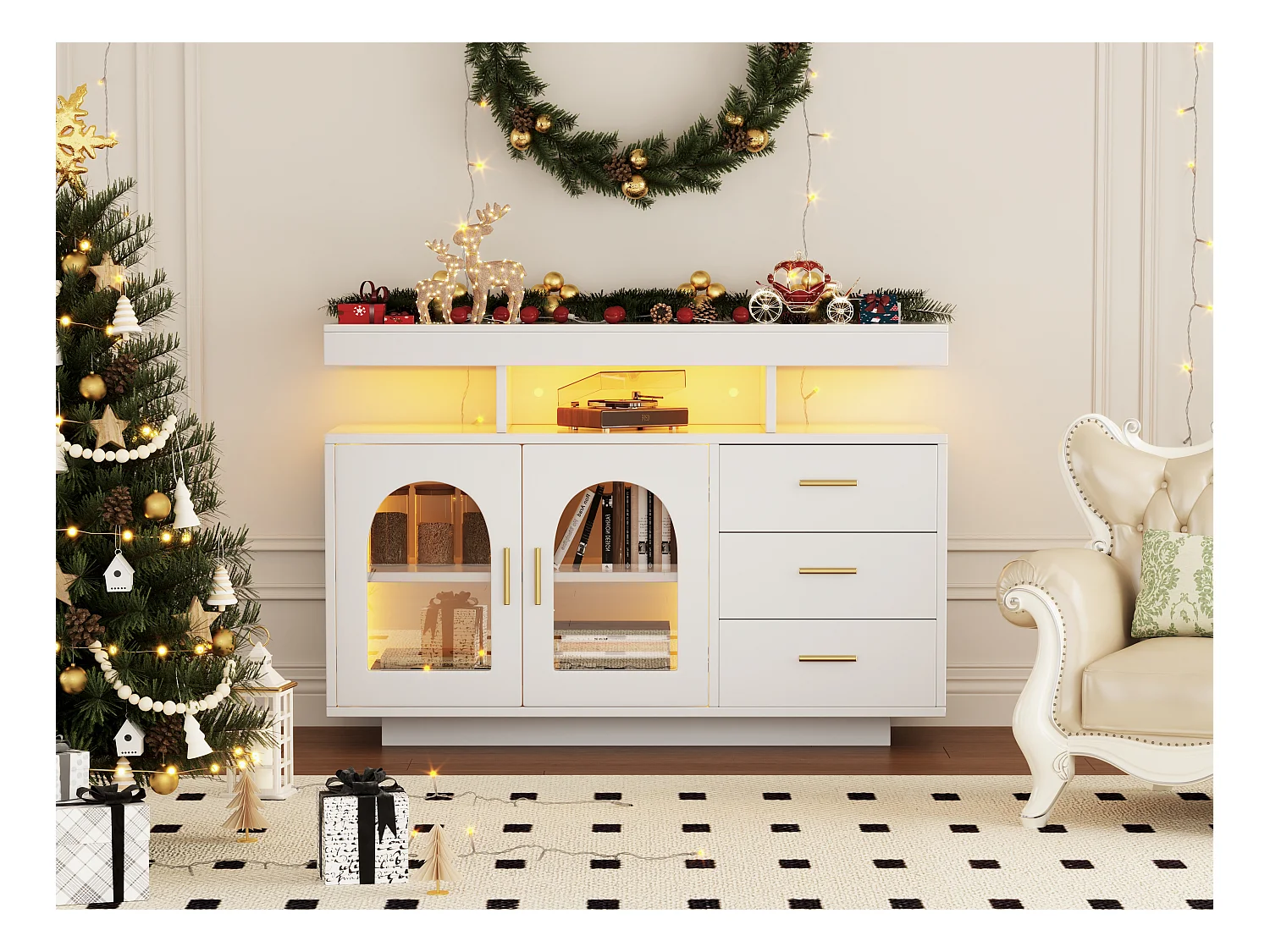 Buffet de salon avec 3 tiroirs et 2 portes - 120 x 40 x 80 cm - LEDs - Panneaux de particules - blanc