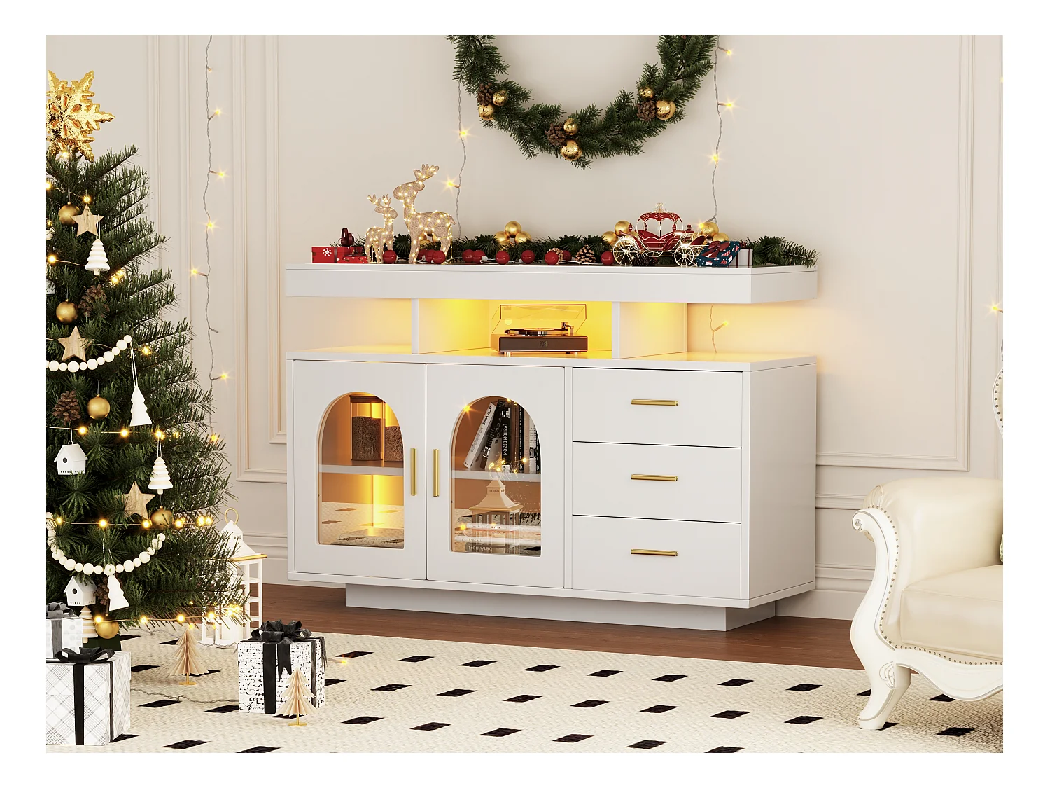 Buffet de salon avec 3 tiroirs et 2 portes - 120 x 40 x 80 cm - LEDs - Panneaux de particules - blanc