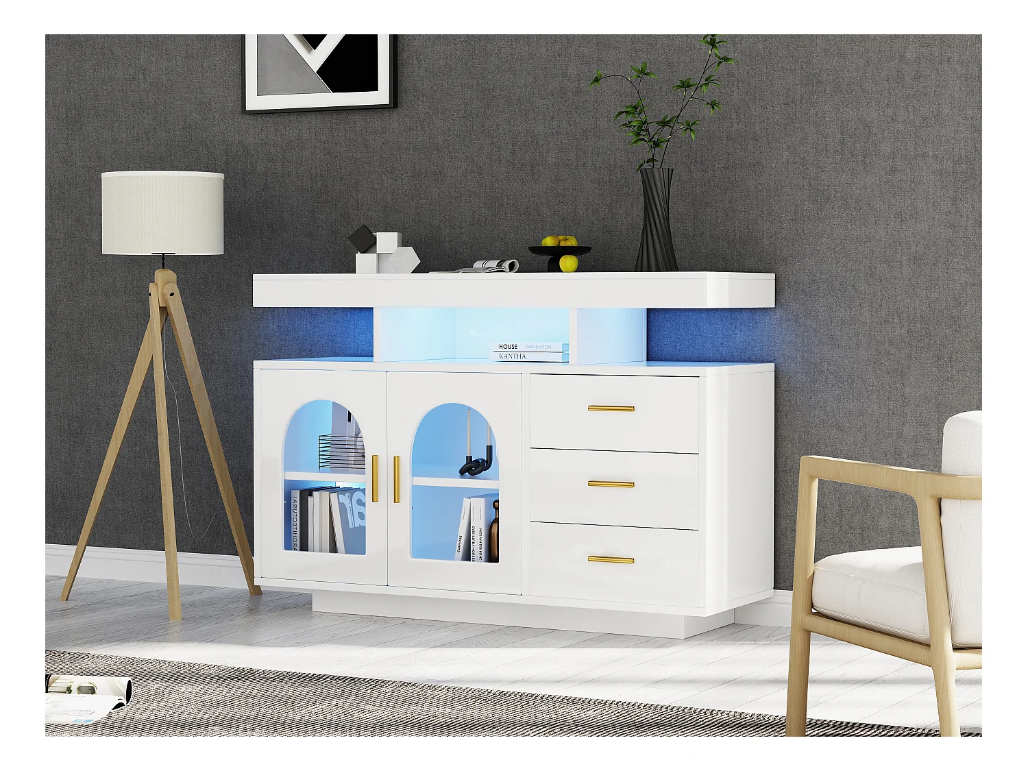 Buffet de salon avec 3 tiroirs et 2 portes - 120 x 40 x 80 cm - LEDs - Panneaux de particules - blanc