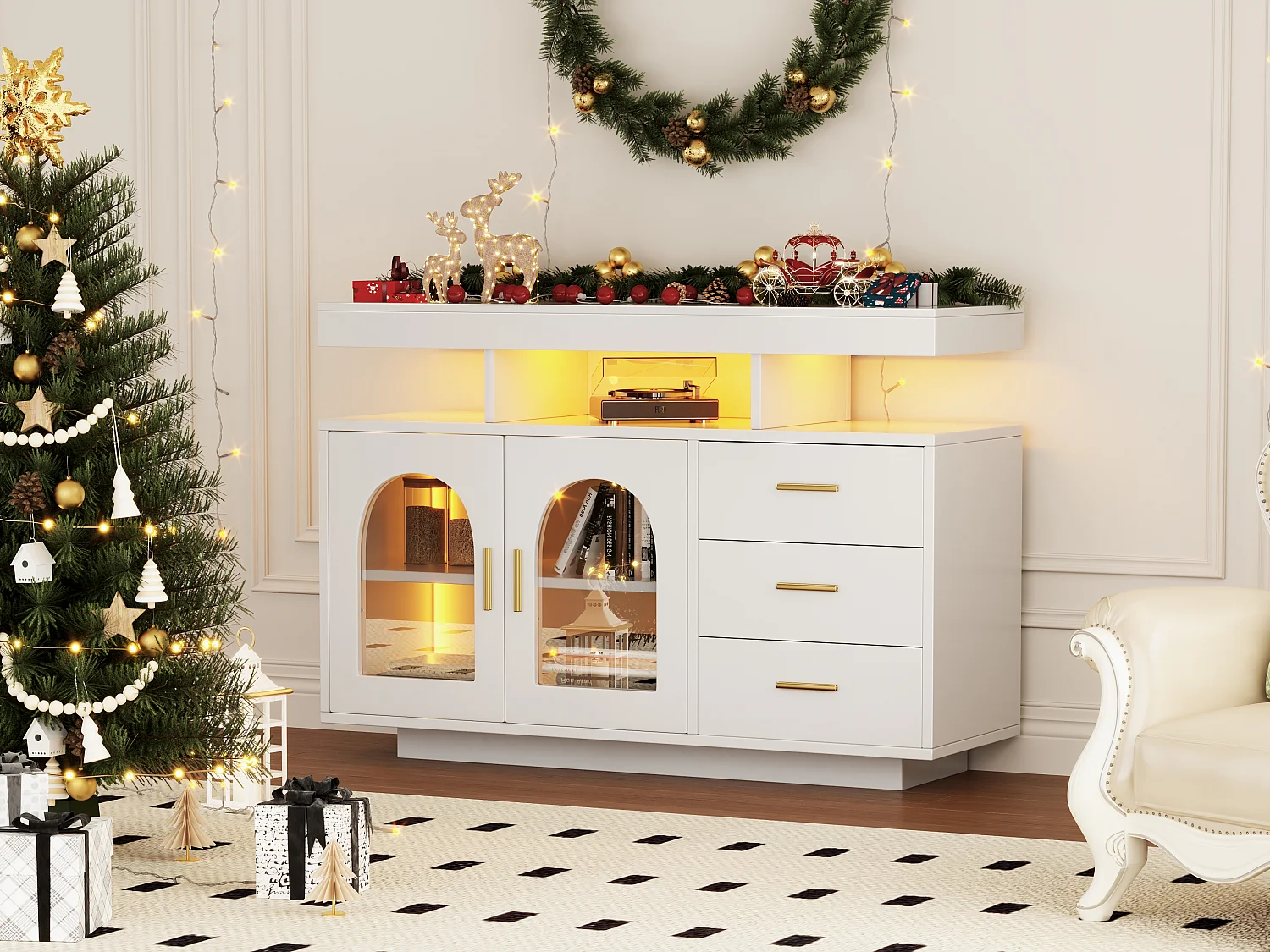 Buffet de salon avec 3 tiroirs et 2 portes - 120 x 40 x 80 cm - LEDs - Panneaux de particules - blanc