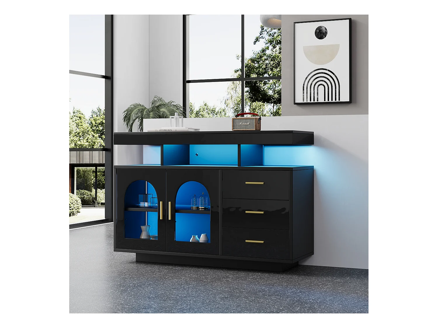 Buffet de salon avec 3 tiroirs et 2 portes - 120 x 40 x 80 cm - LEDs - Panneaux de particules - Noir