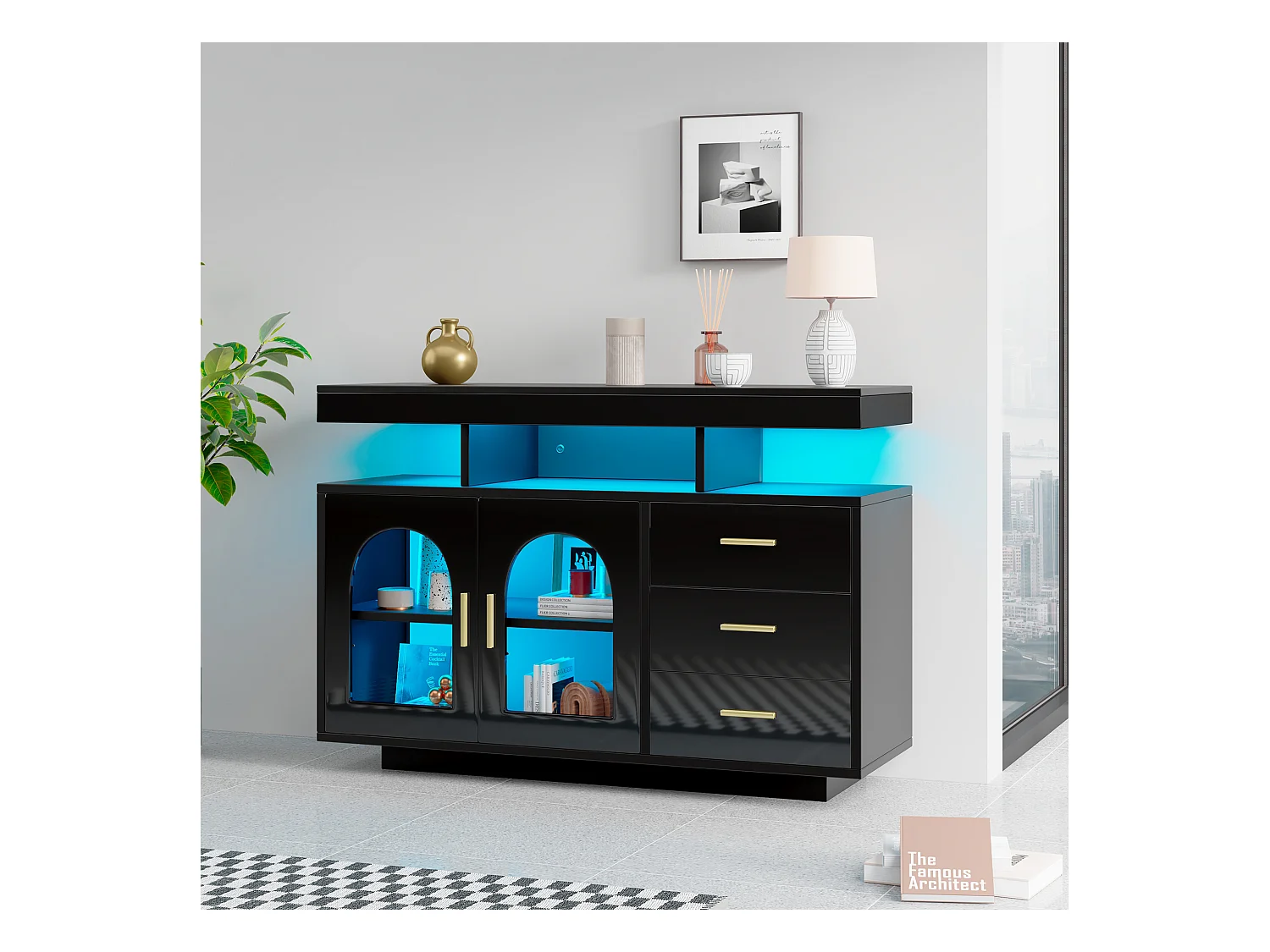 Buffet de salon avec 3 tiroirs et 2 portes - 120 x 40 x 80 cm - LEDs - Panneaux de particules - Noir