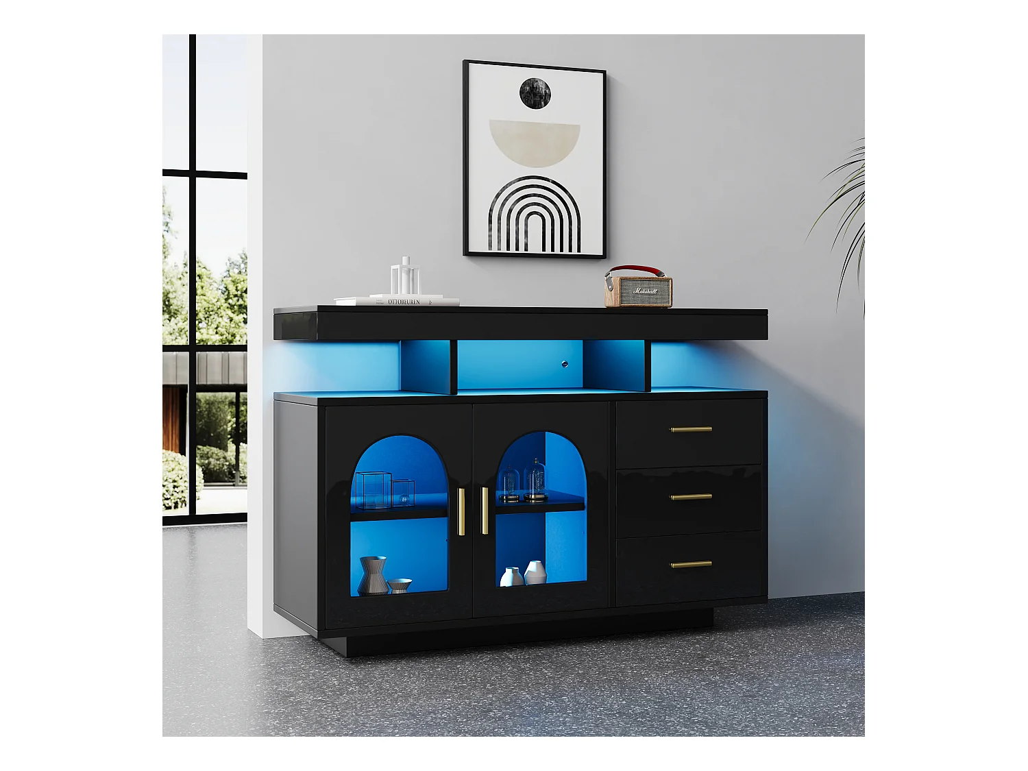 Buffet de salon avec 3 tiroirs et 2 portes - 120 x 40 x 80 cm - LEDs - Panneaux de particules - Noir