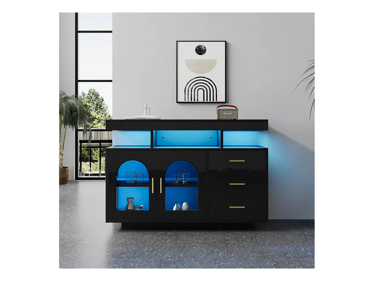 Buffet de salon avec 3 tiroirs et 2 portes - 120 x 40 x 80 cm - LEDs - Panneaux de particules - Noir