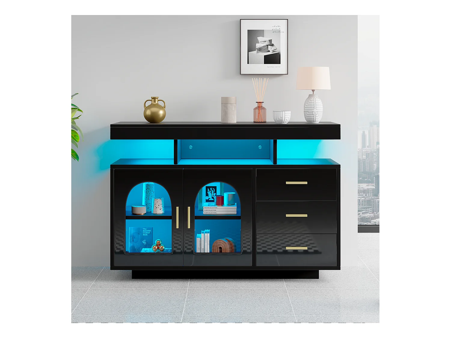 Buffet de salon avec 3 tiroirs et 2 portes - 120 x 40 x 80 cm - LEDs - Panneaux de particules - Noir