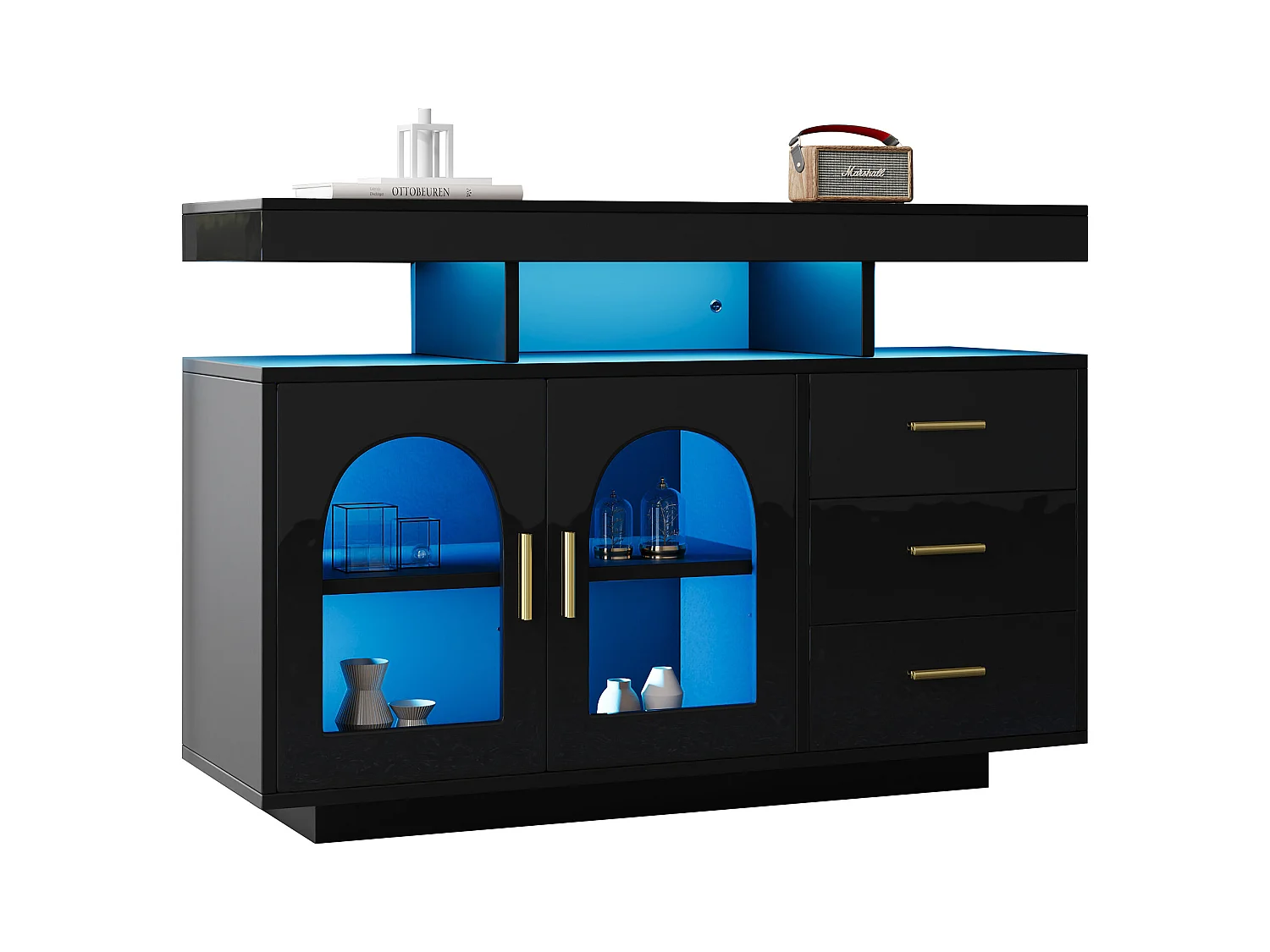 Buffet de salon avec 3 tiroirs et 2 portes - 120 x 40 x 80 cm - LEDs - Panneaux de particules - Noir