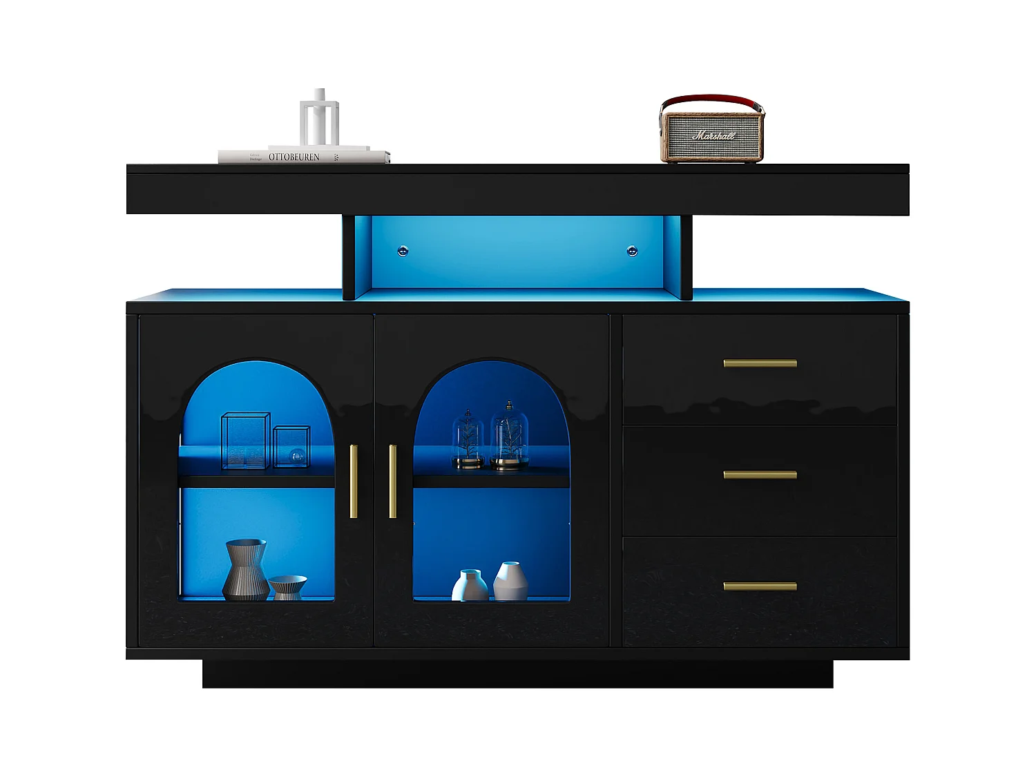 Buffet de salon avec 3 tiroirs et 2 portes - 120 x 40 x 80 cm - LEDs - Panneaux de particules - Noir